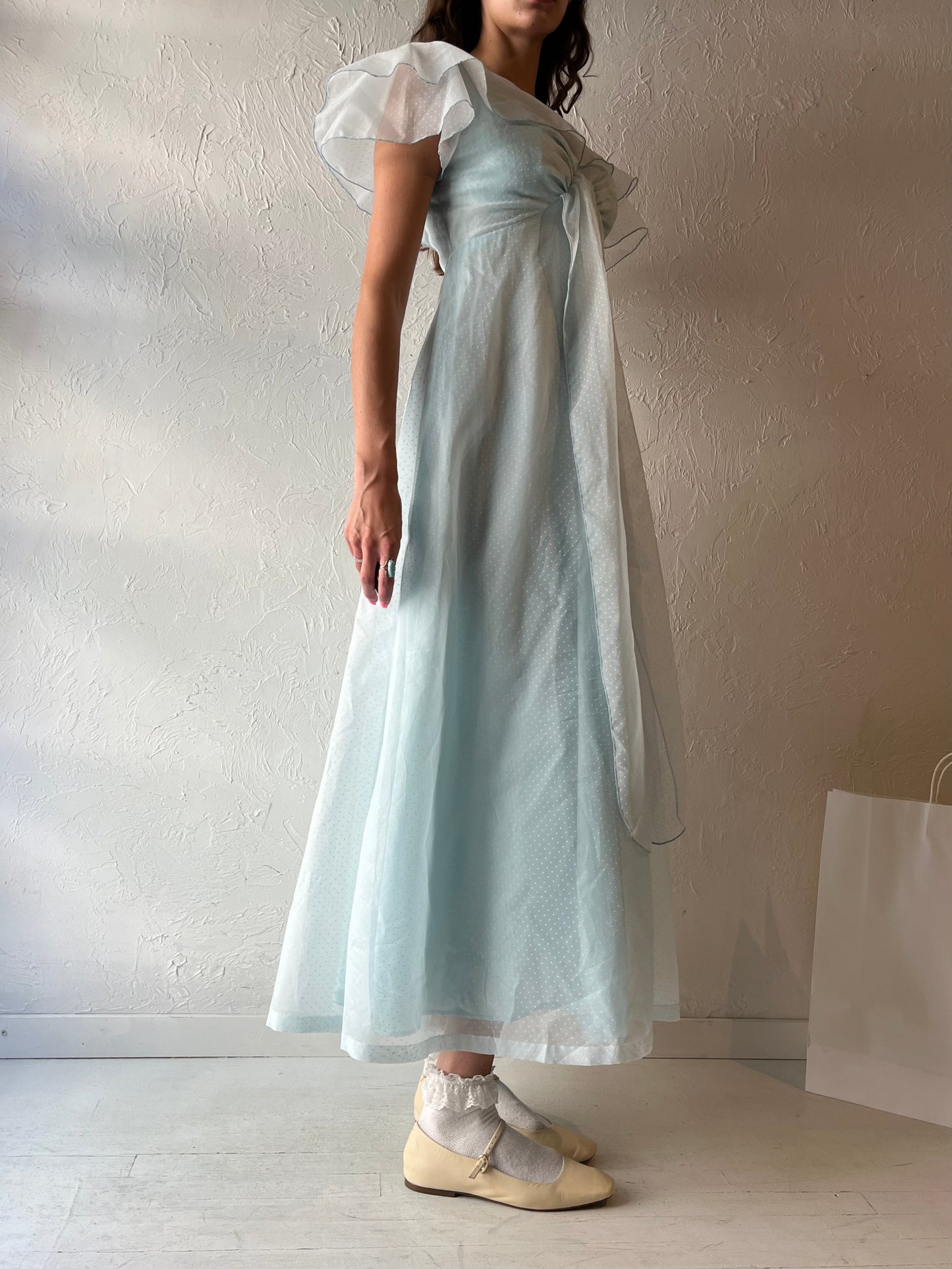 70s 'Pussy Cat' Baby Blue Maxi Dress / Small