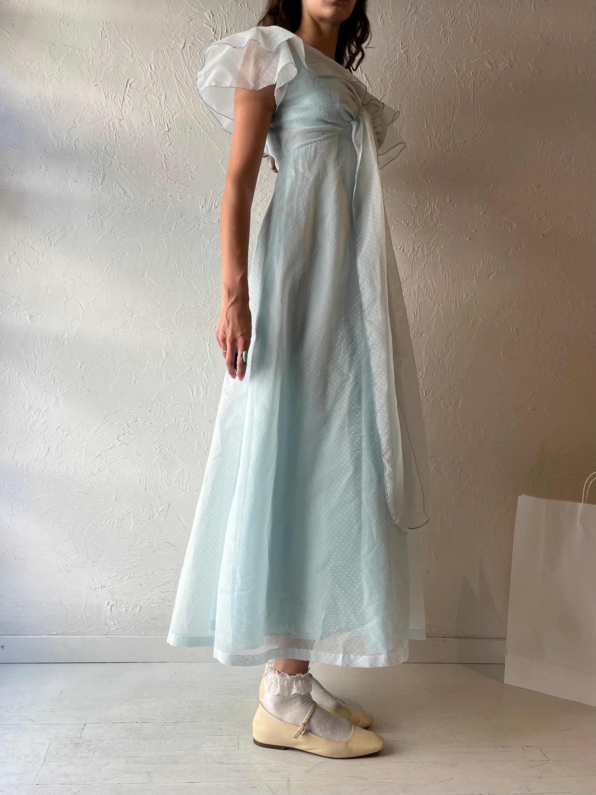70s 'Pussy Cat' Baby Blue Maxi Dress / Small