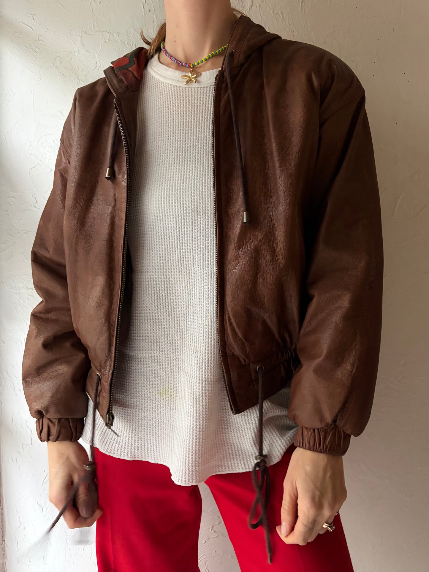 90s 'Adventure Bound' Brown Cropped Hooded Leather Jacket / Small