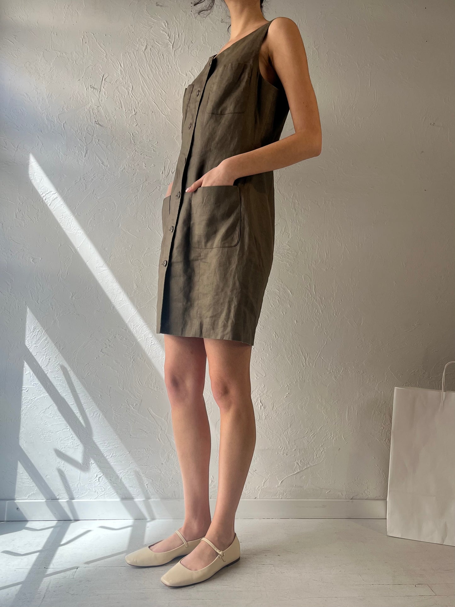 90s ‘Episode’ Green Button Up Linen Dress / Large