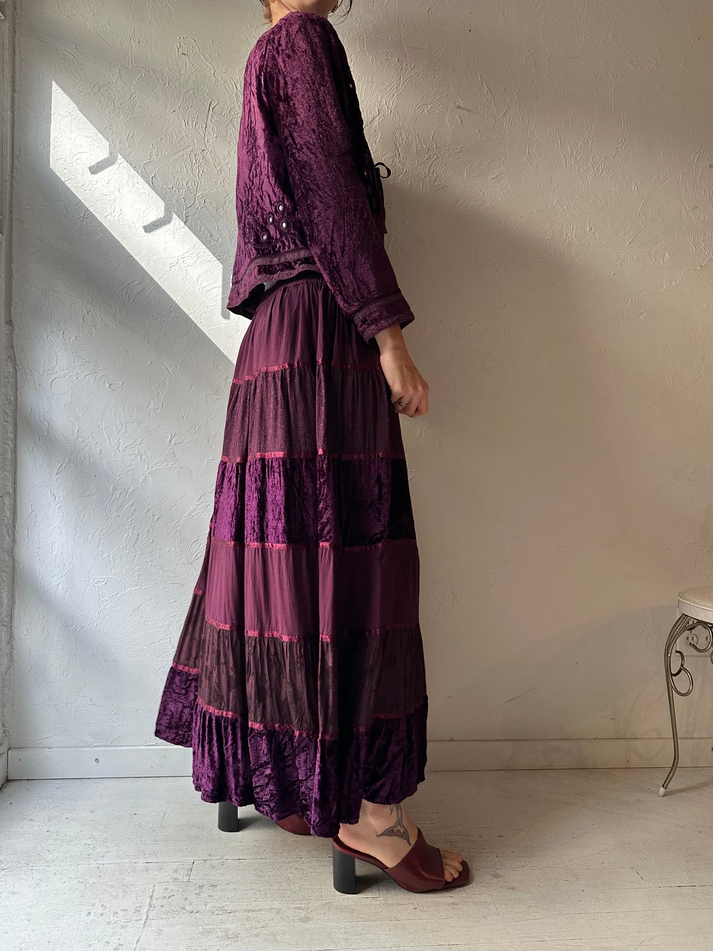 90s 'White Stag' Purple Velvet Skirt Set / Medium
