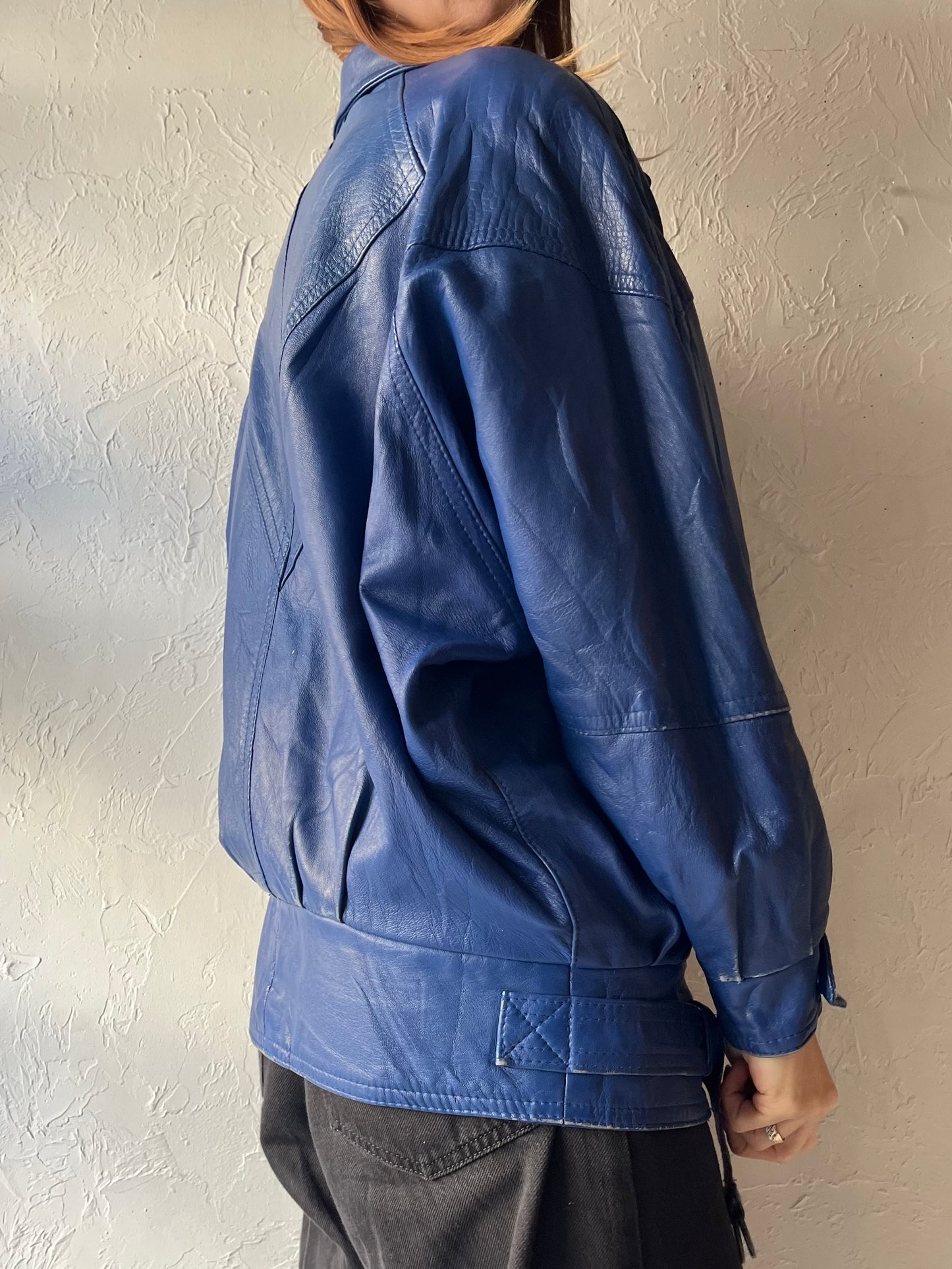 80s Blue Leather Bomber Jacket / Small