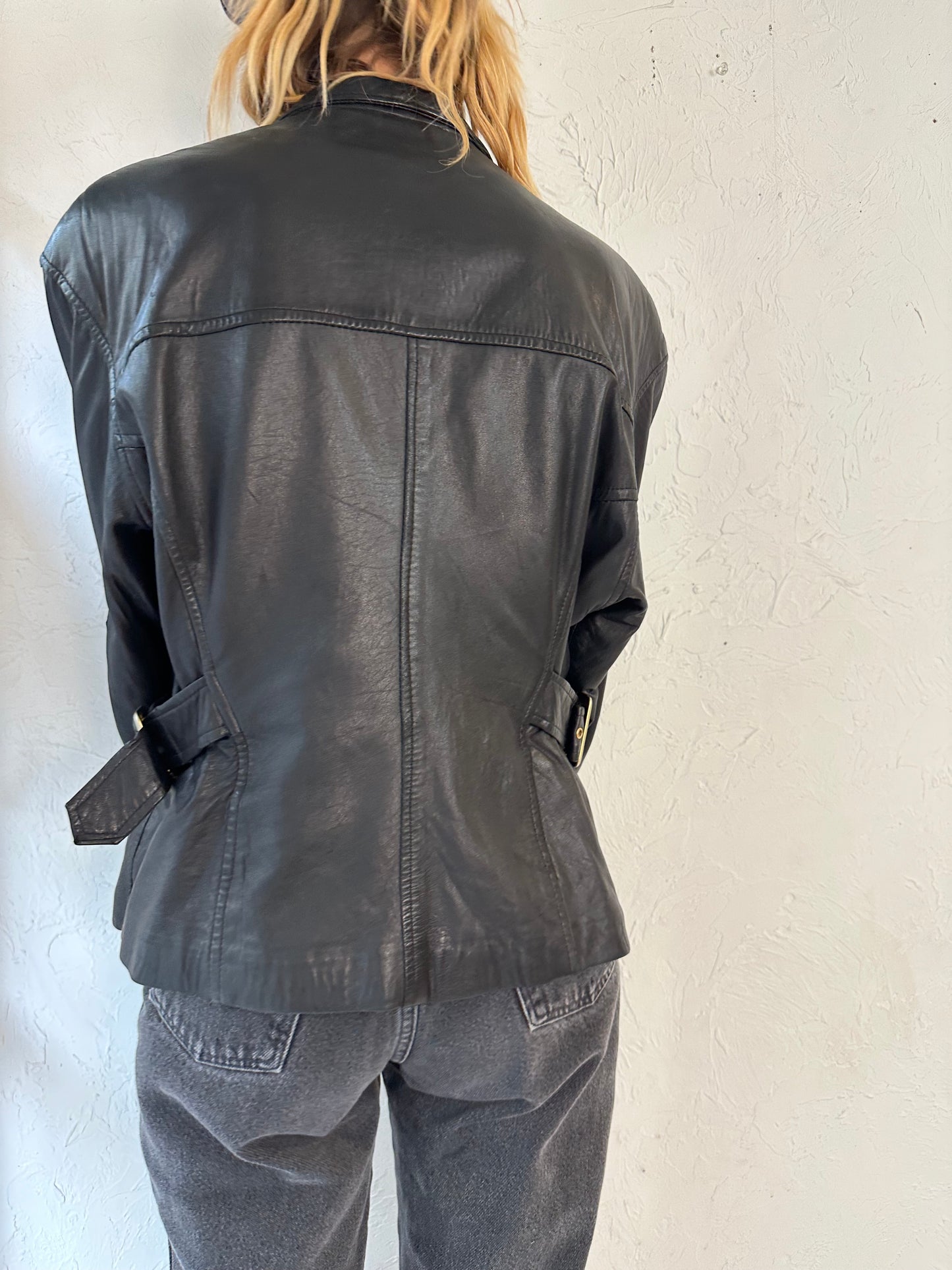 90s 'Danier' Black Leather Moto Style Jacket / Medium