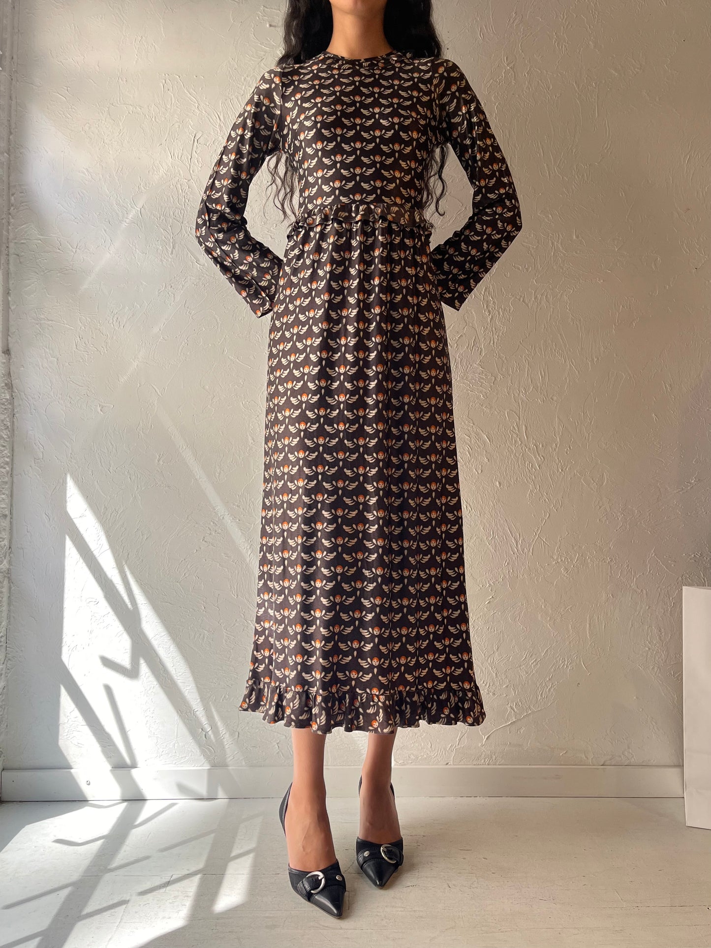 70s Long Sleeve Angel Goth Maxi Dress / Small