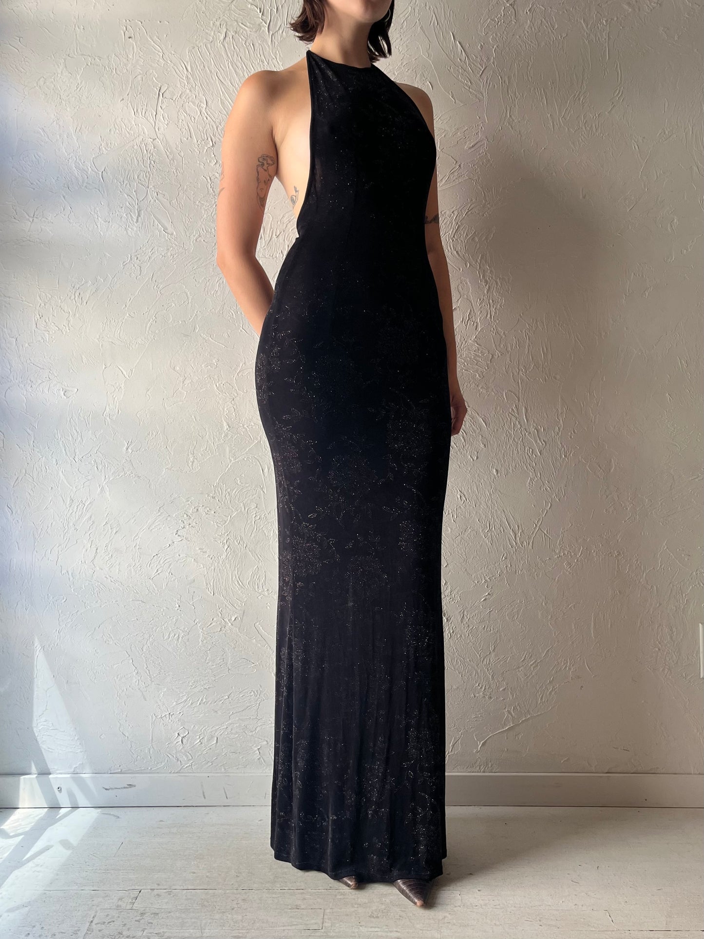 Vintage Black Sparkly Floral Retro Halter Fitted Formal Maxi Dress / Small - Medium
