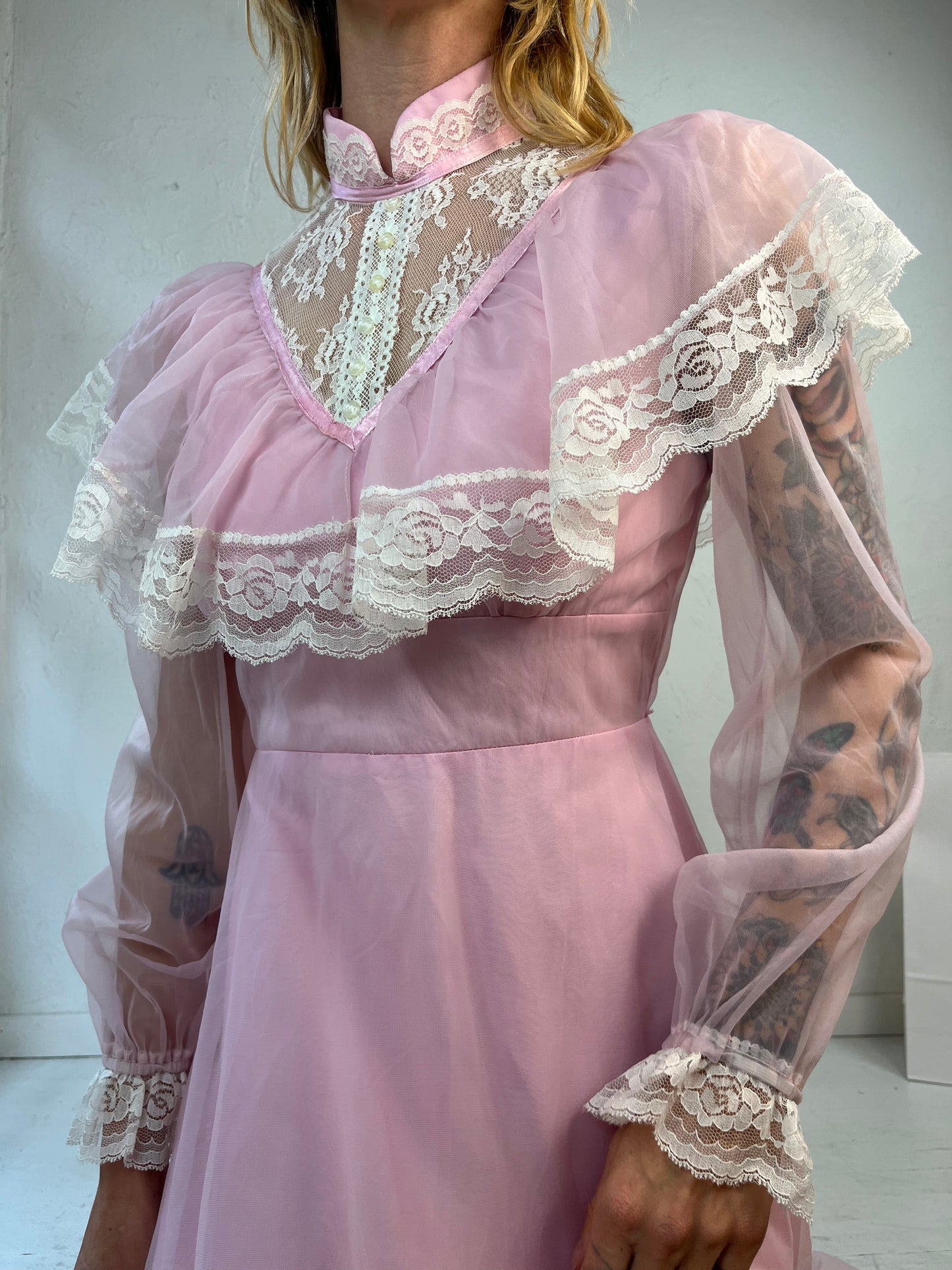 Vintage 1970s Pink Cottage Core Maxi Dress / Union Made / Small
