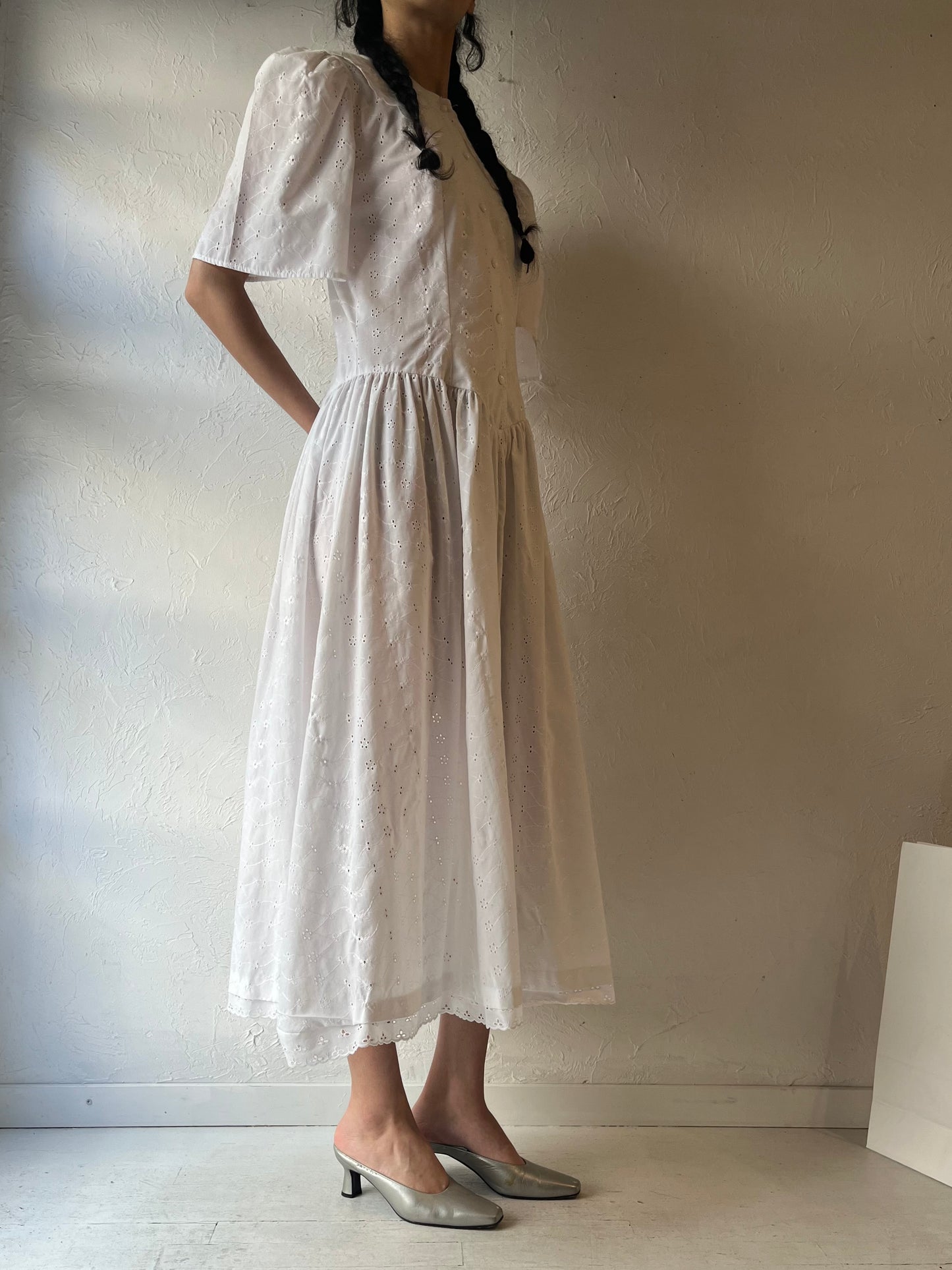 80s ‘Dayworks’ White Eyelet Midi Dress / Medium