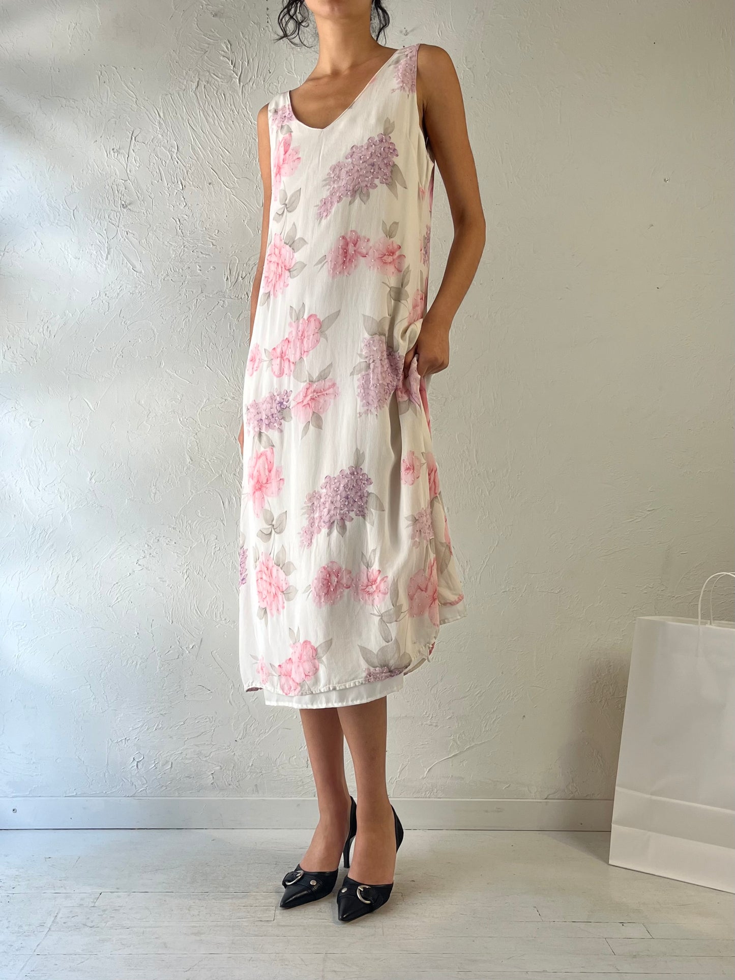 90s ‘Midnight Velvet’ White Floral Maxi Dress / Large
