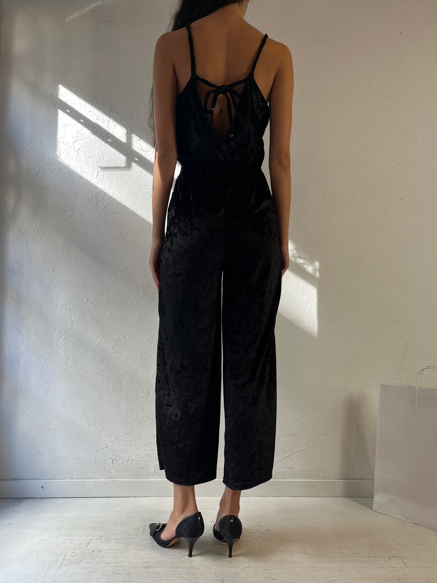 90s ‘Angie’ Black Crushed Velvet Jumpsuit / Small