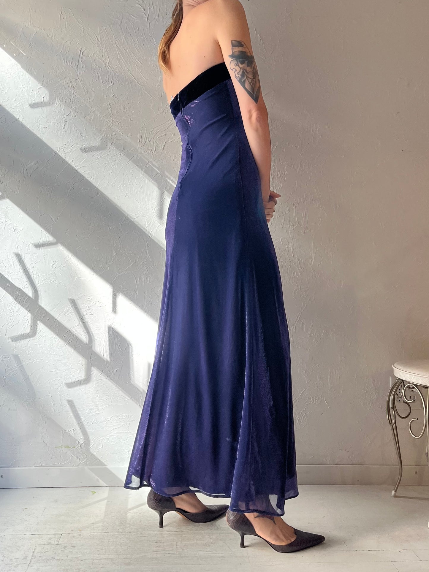 90s 'Jump' Formal Matallic Purple Strapless Maxi Dress / Small