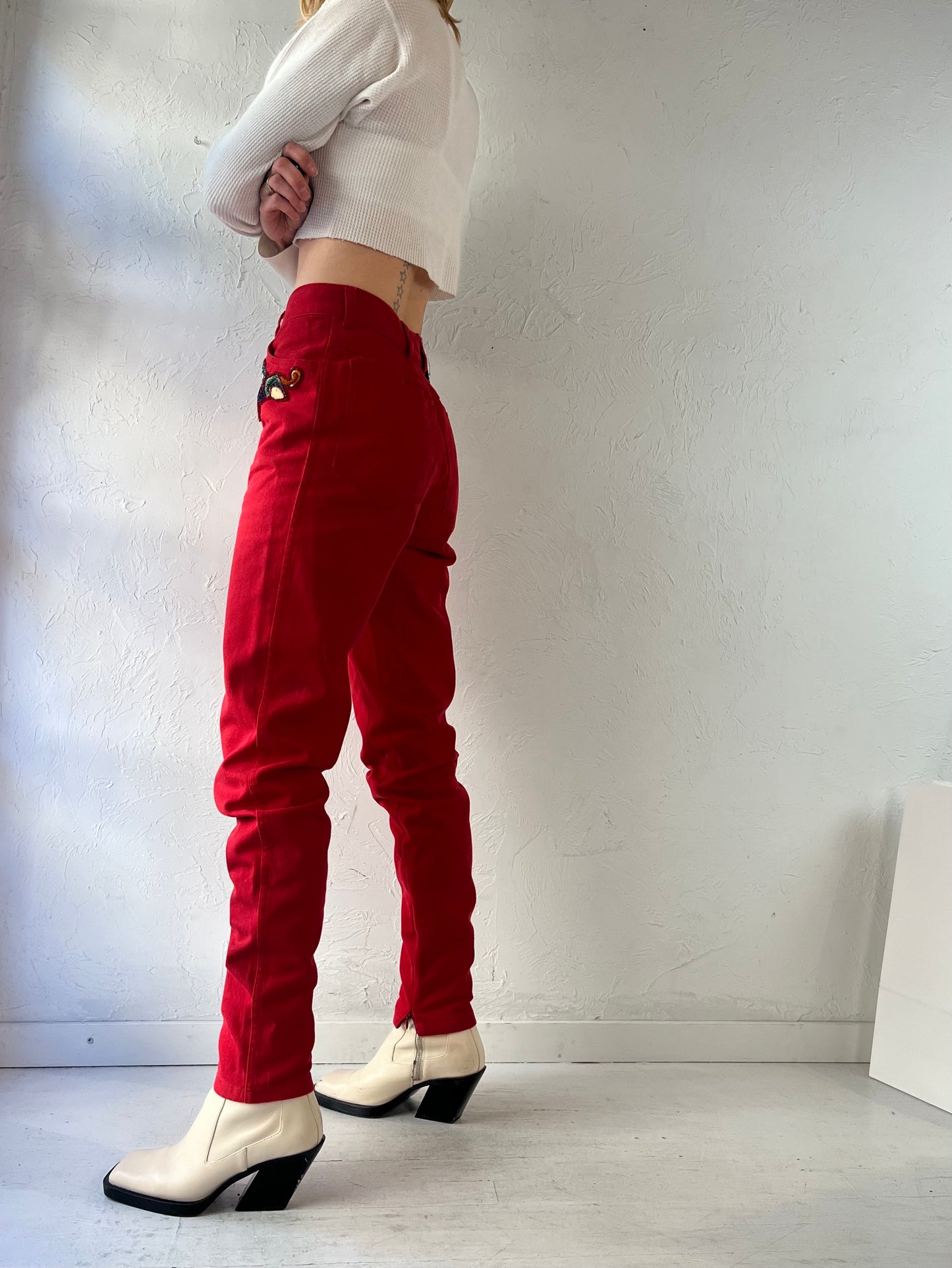90s 'Escada' Red Beaded Jeans / Small