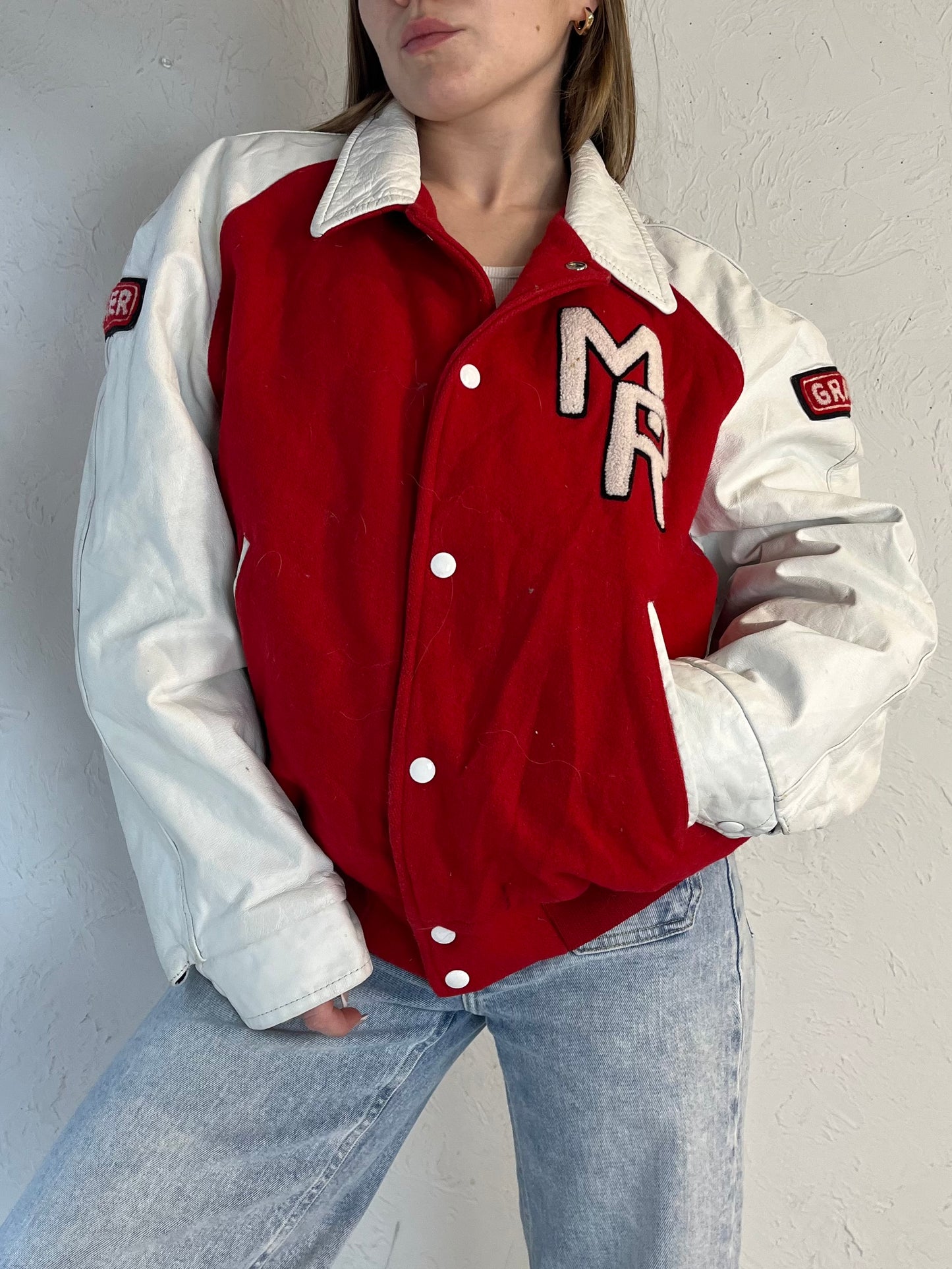 80s 'Team Sales' Red Varsity Bomber Jacket / Small