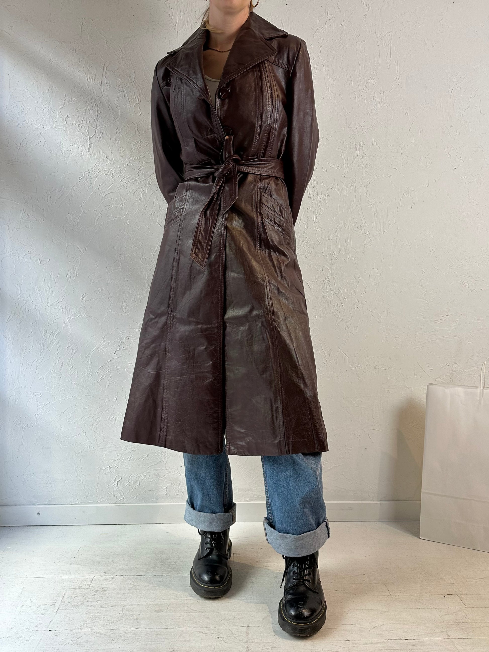 70s 'Wilsons' Burgundy Leather Trench Coat / Small