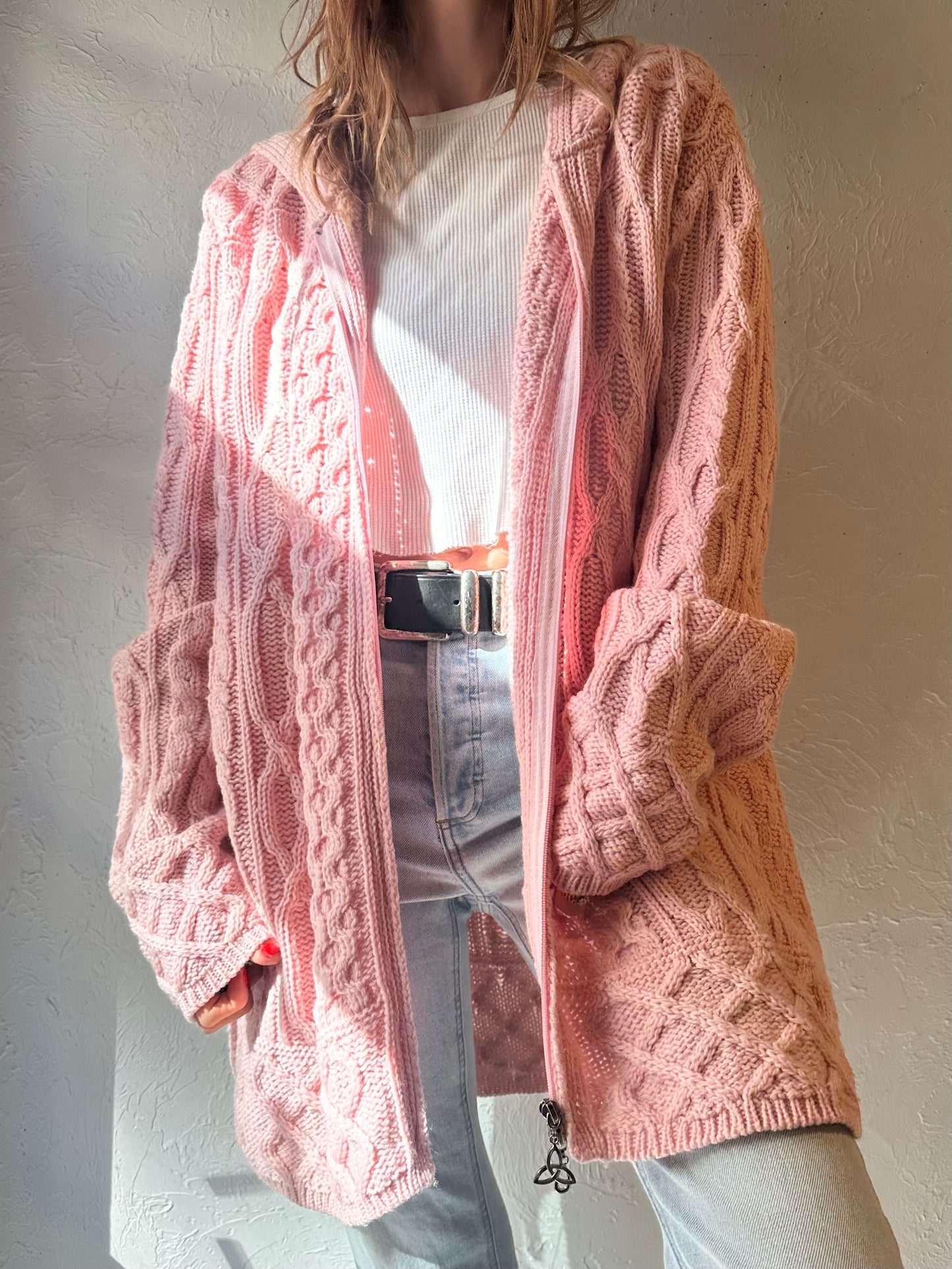 Vintage 'Arancrafts' Pink Merino Wool Cable Knit Cardigan Sweater / XXL