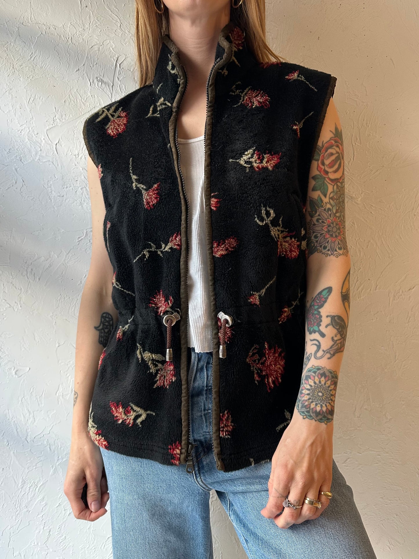 90s ‘Tsunami’ Black Floral Fleece Vest / Medium