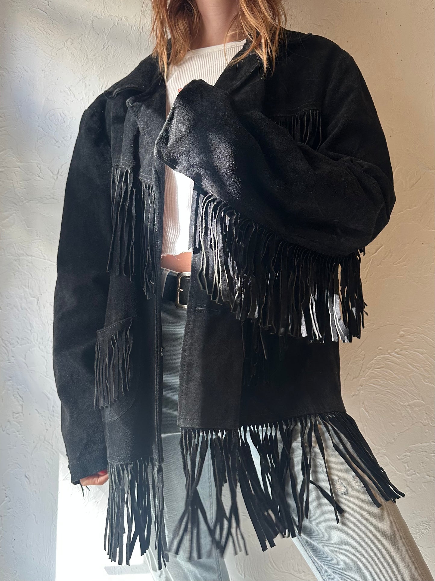 70s 'Cevys' Black Suede Fringe Jacket / Large