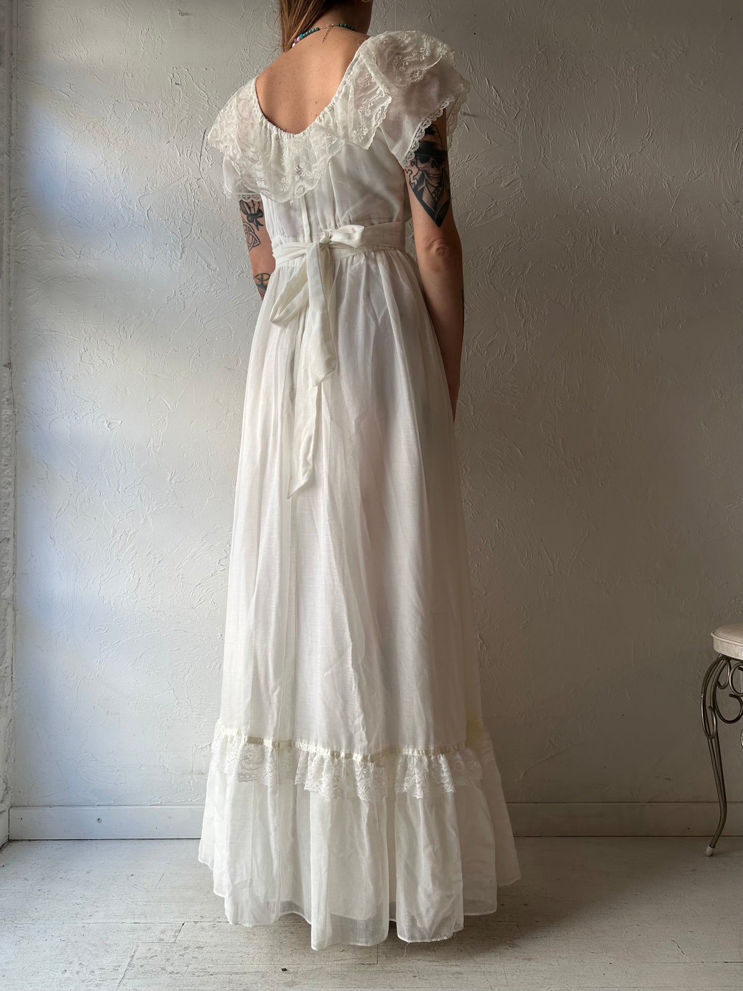 70s White Prairie Peasant Maxi Dress / Small