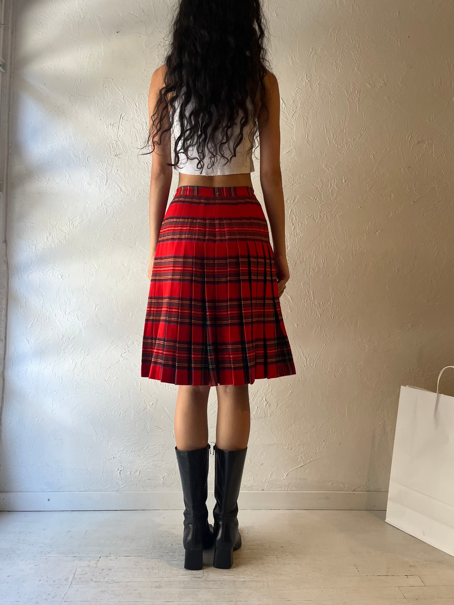 Vintage Red Pleated Plaid Wool Knit Skirt / Small