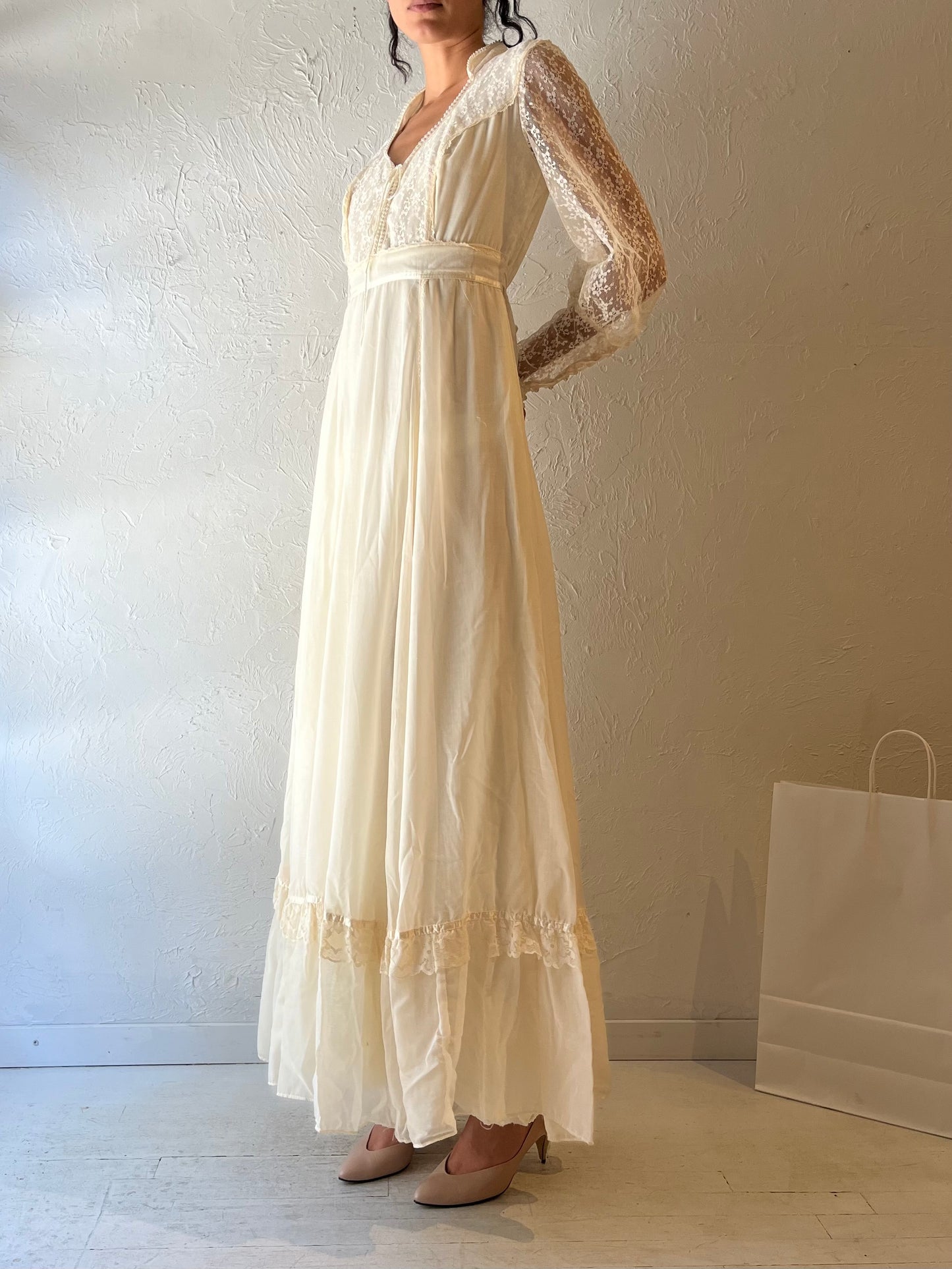70s ‘JS’ Cream Lace Long Sleeve Dress / Small