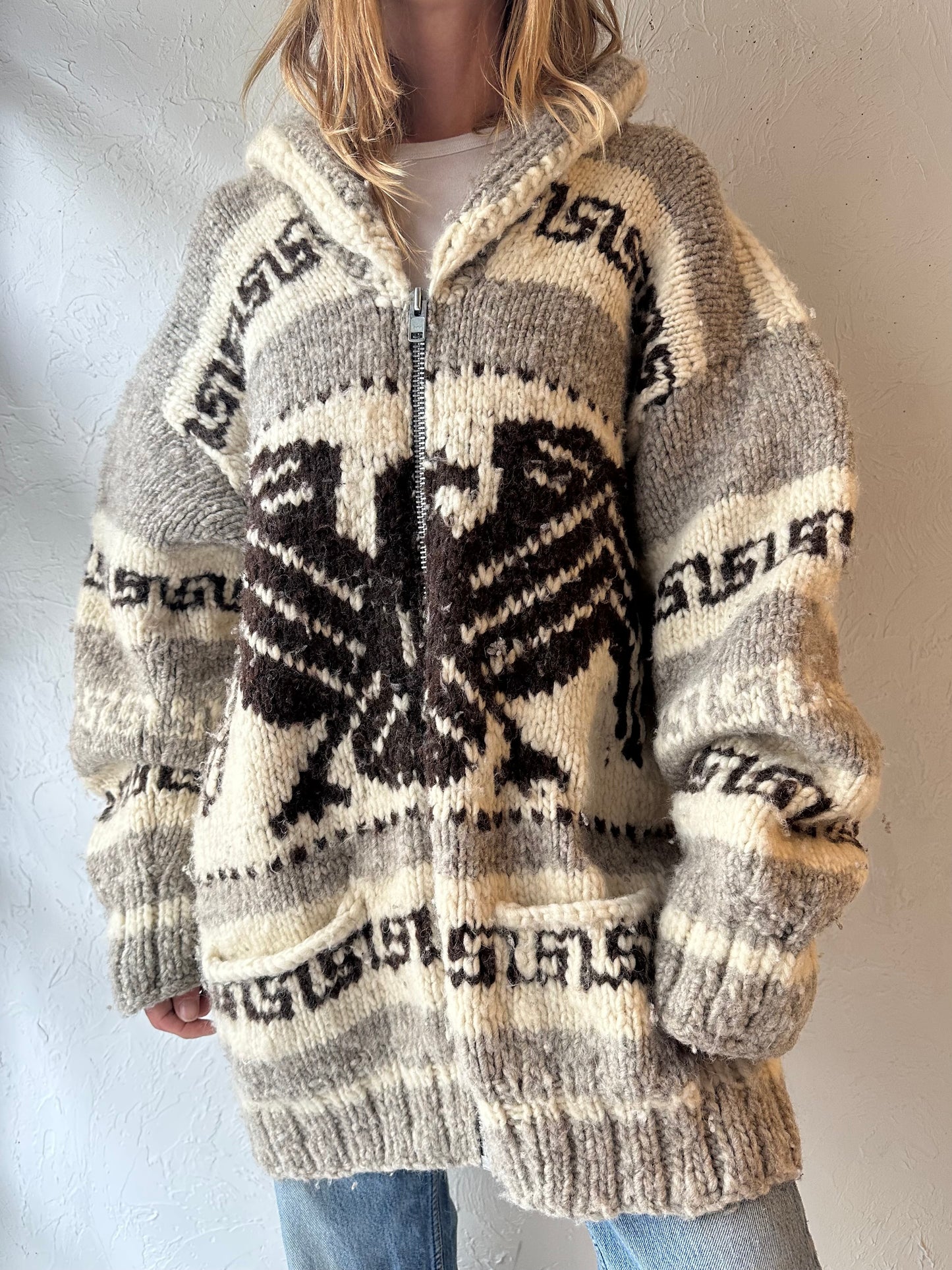 Vintage Authentic Cowichan Wool Eagle Sweater / XL
