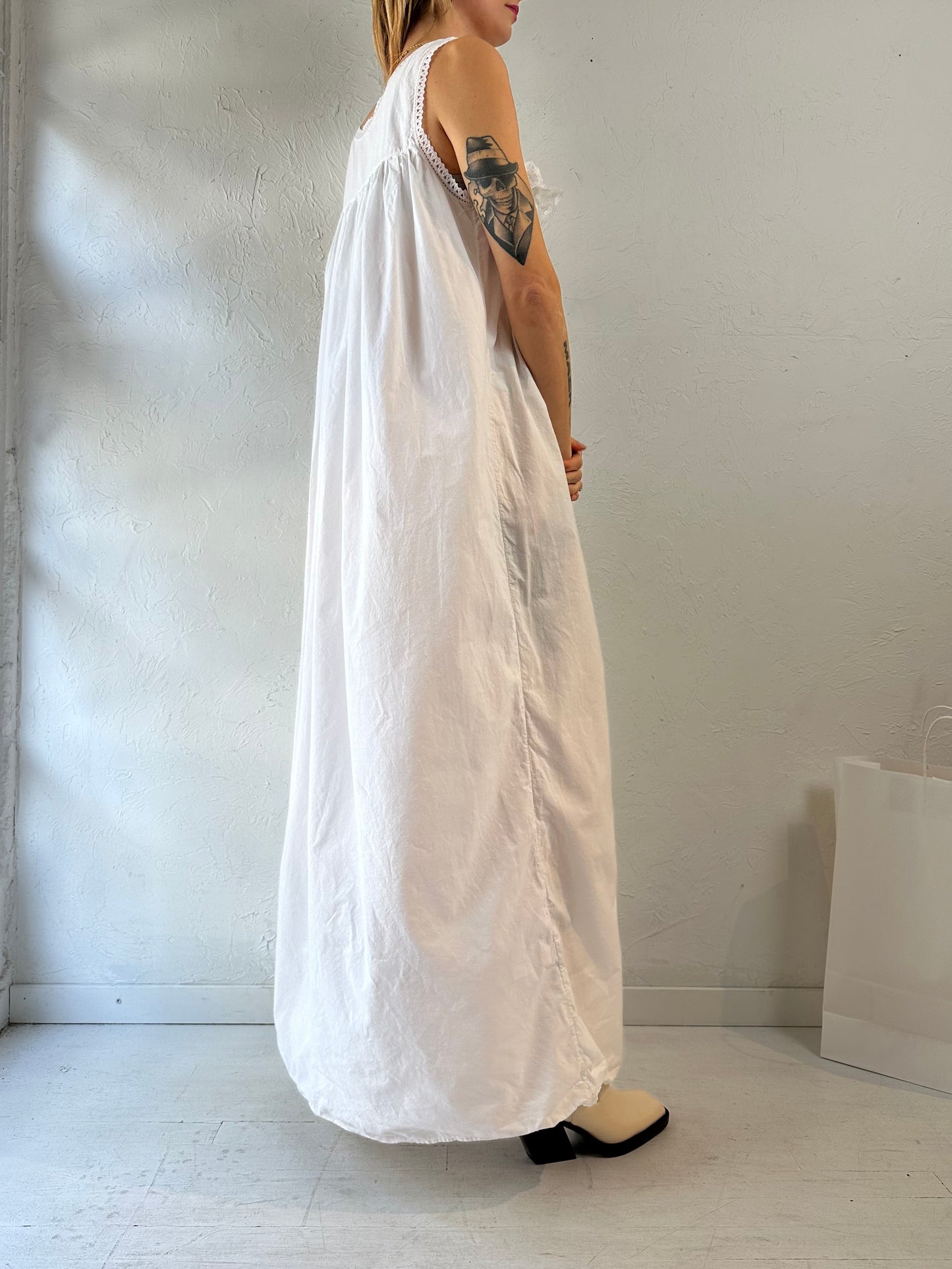 Vintage White Cotton Sleeveless Maxi Dress / Large