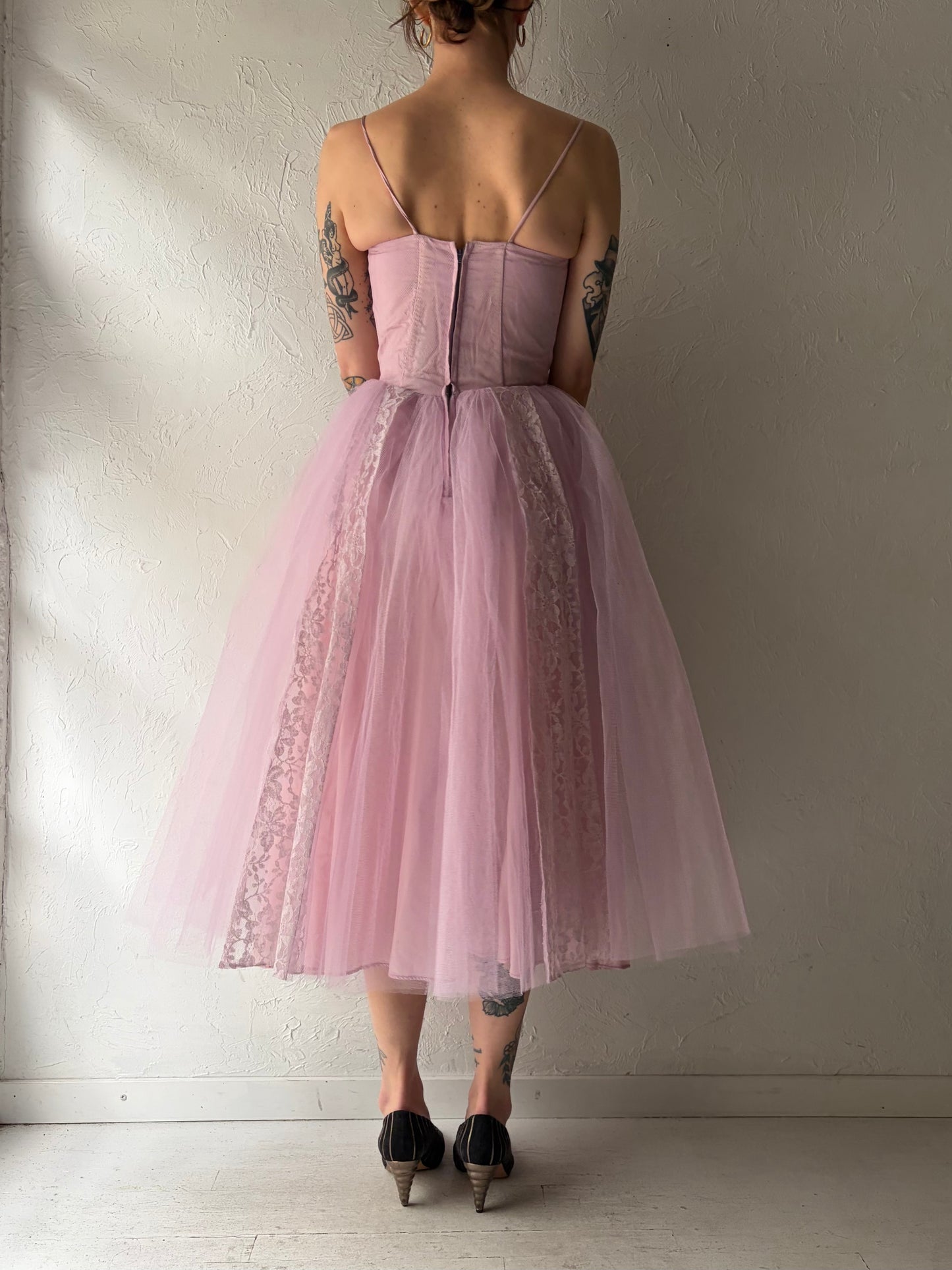 50s Pink Crinoline Lace Formal Dress / XS