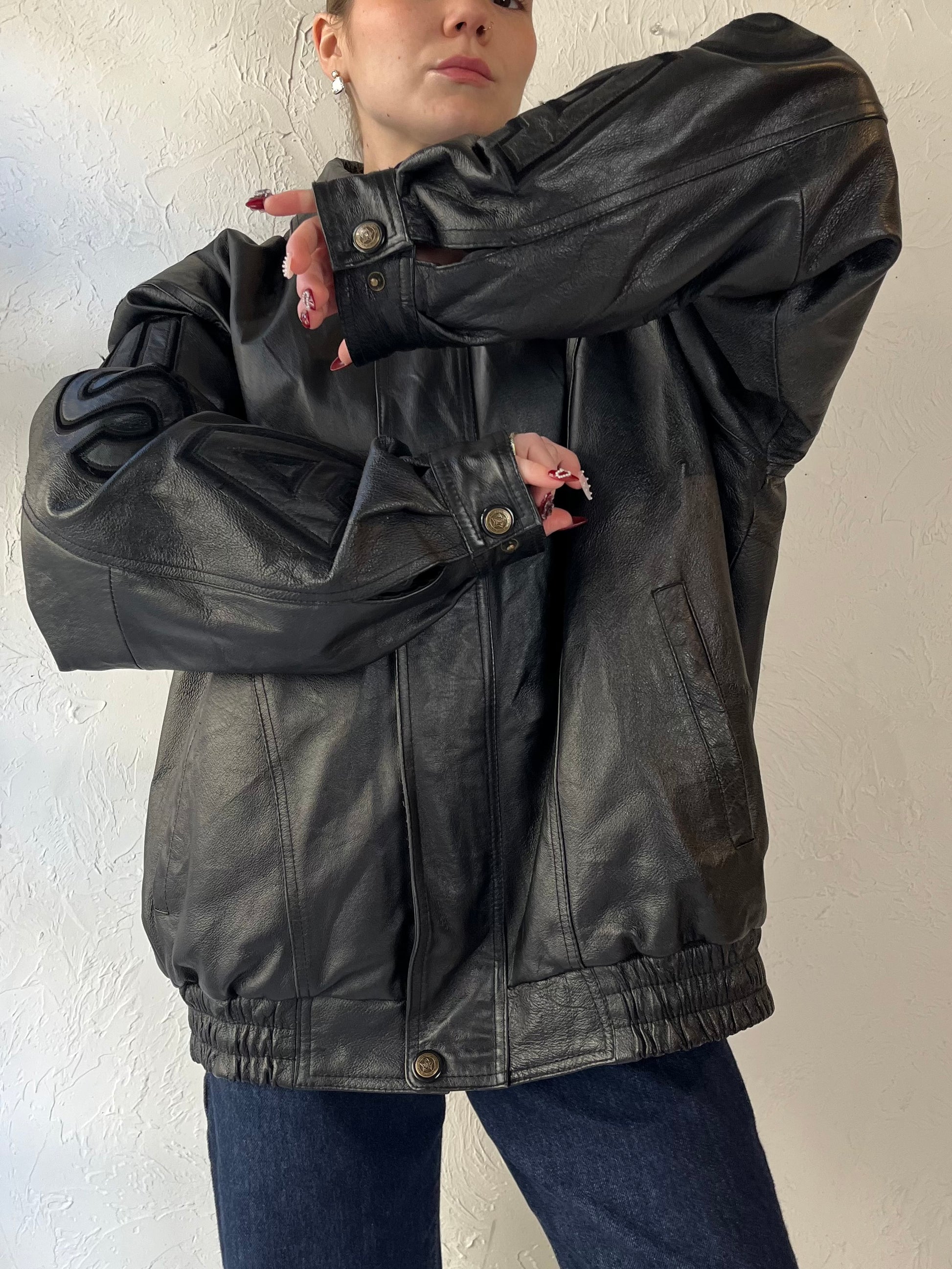 90s ‘USA’ Black Leather Bomber Jacket / XL