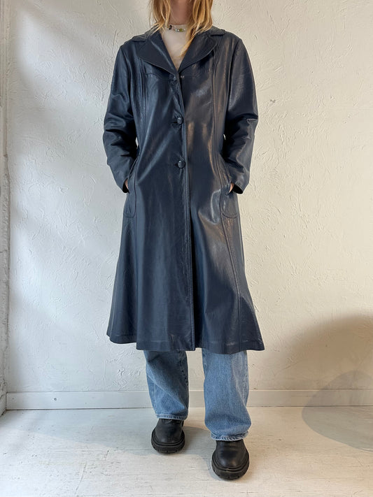 70s ‘Leather Factory’ Blue Leather Trench Coat / Medium