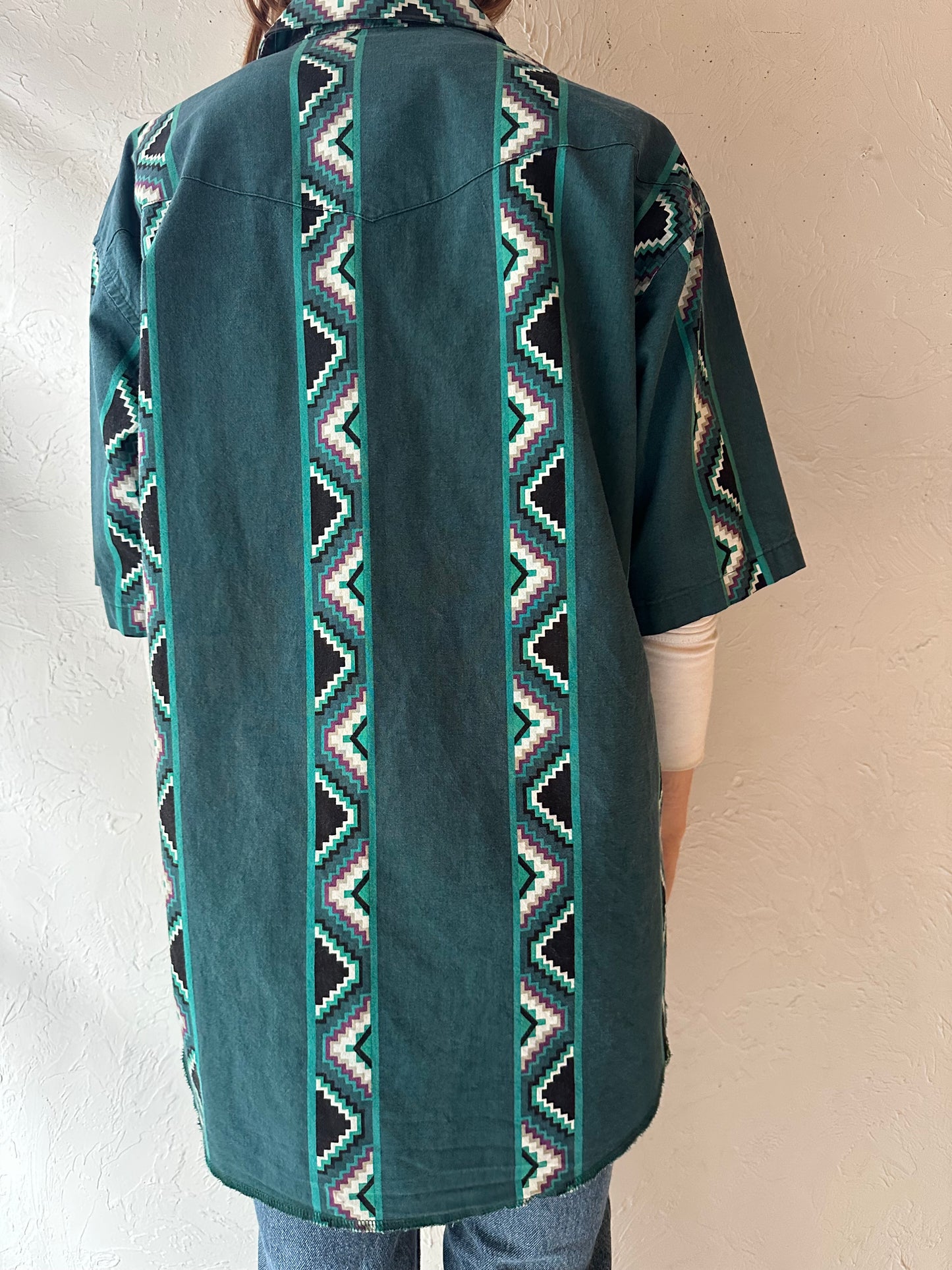 80s 'Wrangler' Green Aztec Short Sleeve Shirt / Medium