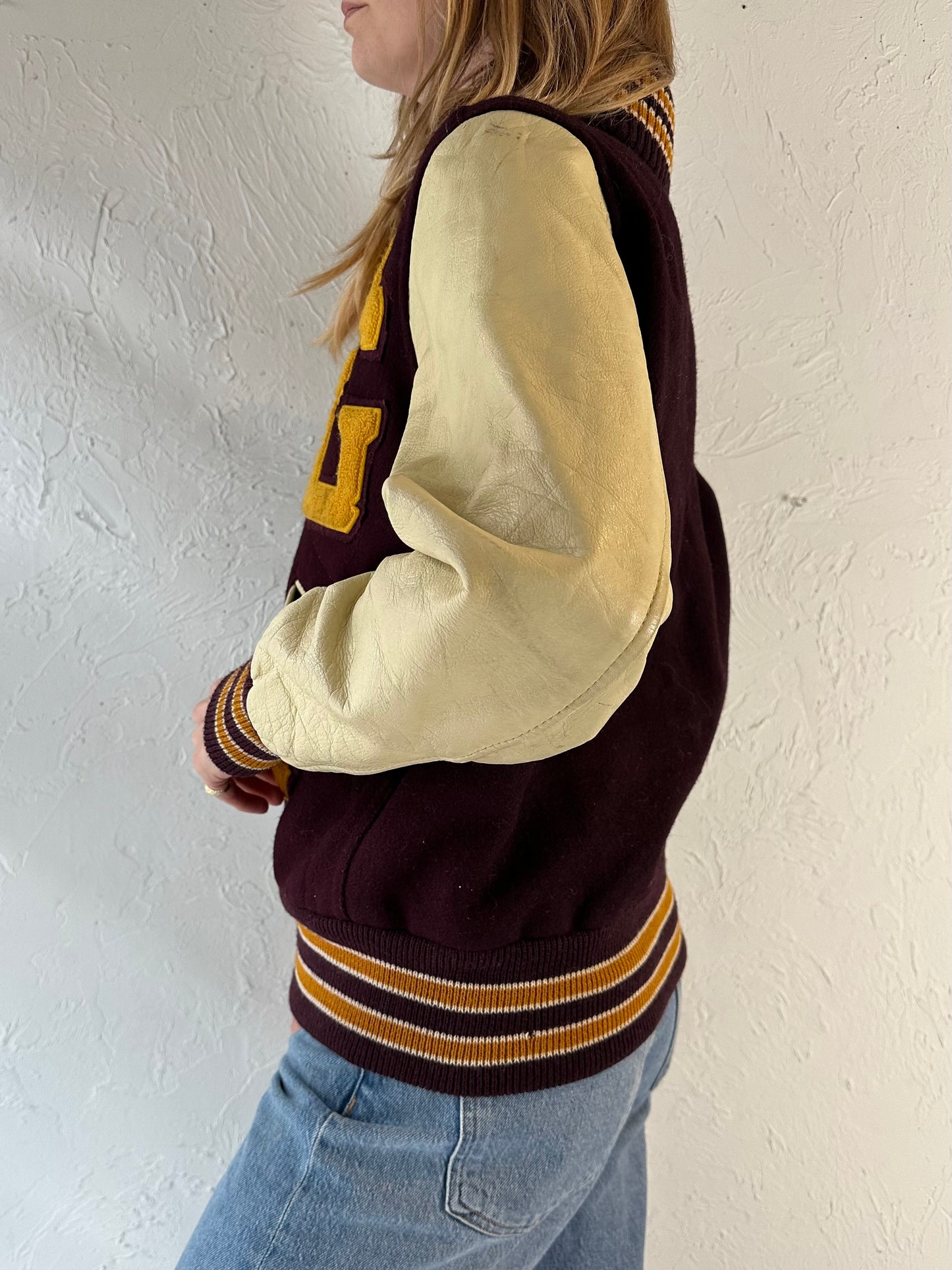 80s Leather Wool Varsity Jacket / Small