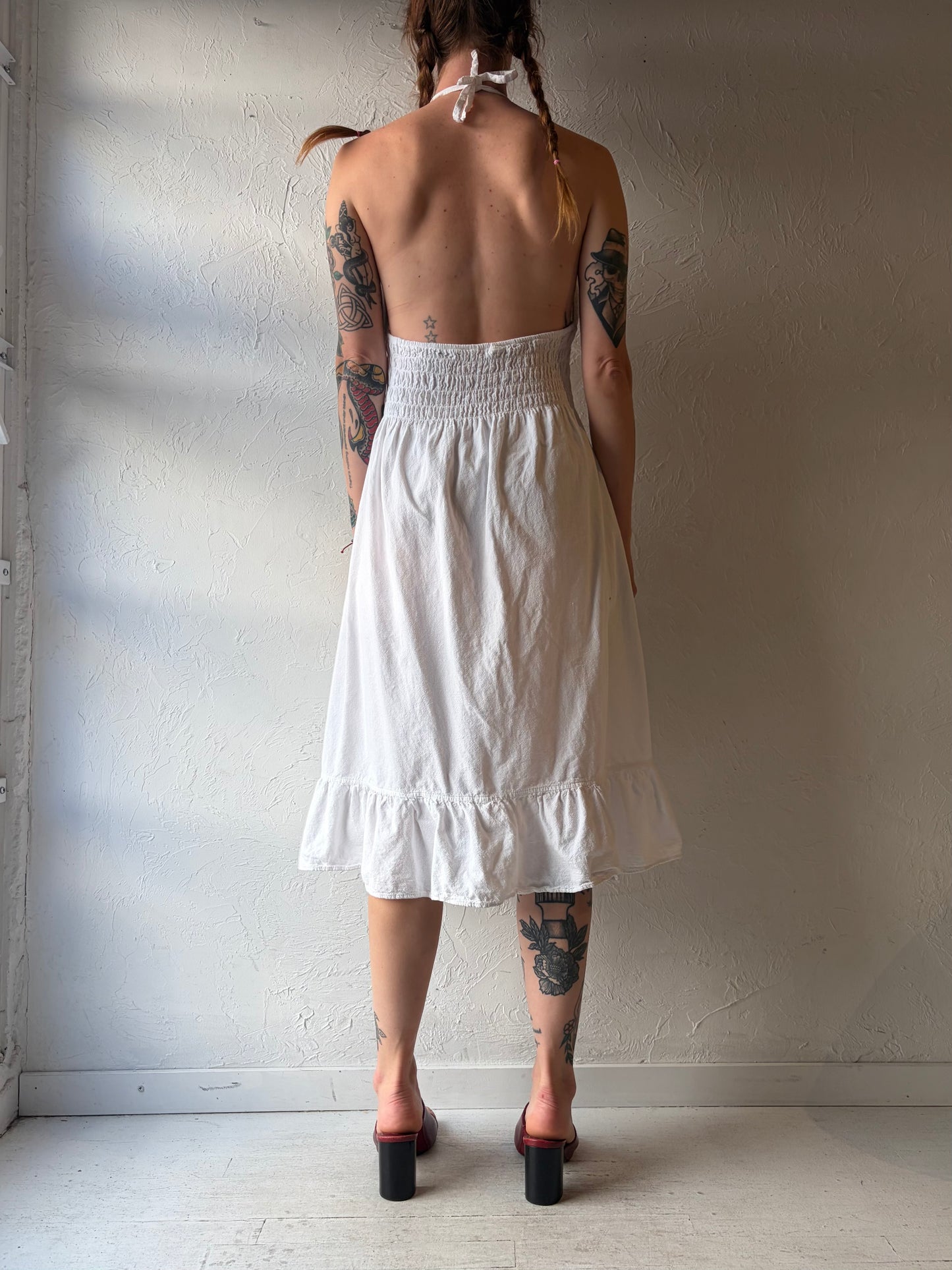 Vintage White Cotton Halter Beach Dress / Large