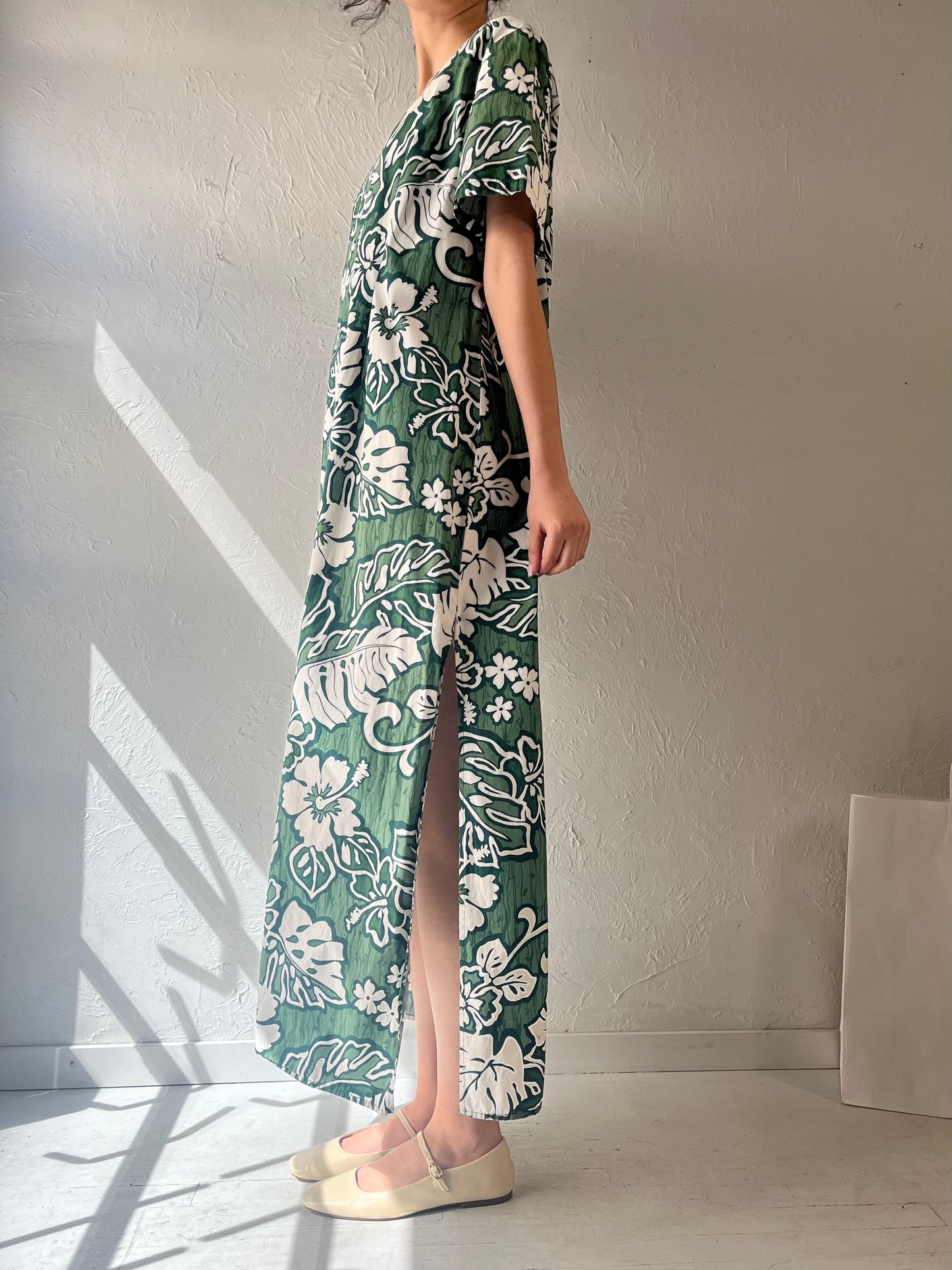 80s 'Hoku' Green Hawaiian Print Floral Muu Muu Dress / Medium
