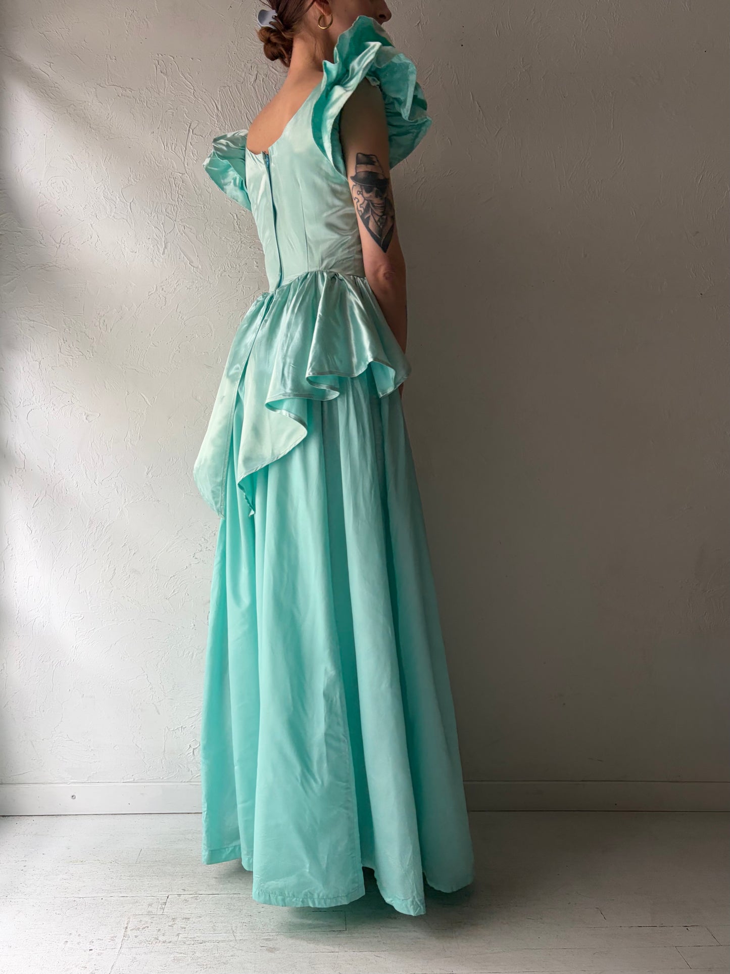 80s Mint Green Satin Formal Maxi Dress / Small