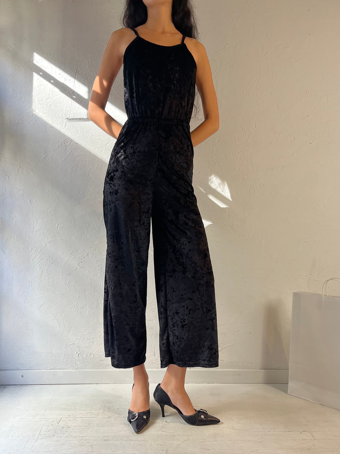 90s ‘Angie’ Black Crushed Velvet Jumpsuit / Small