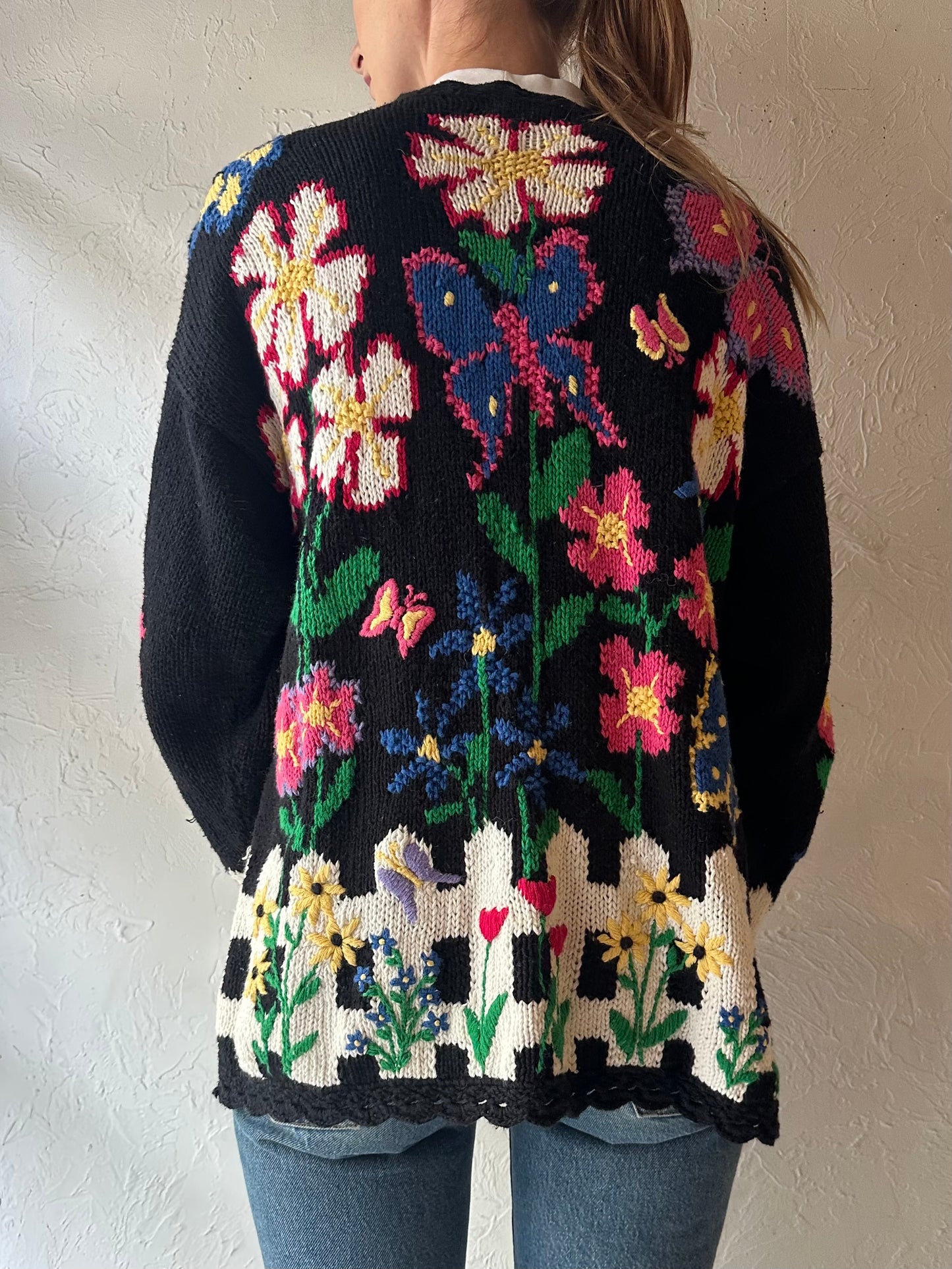 90s 'BBJ Sport' Floral Knit Cardigan Sweater / Medium