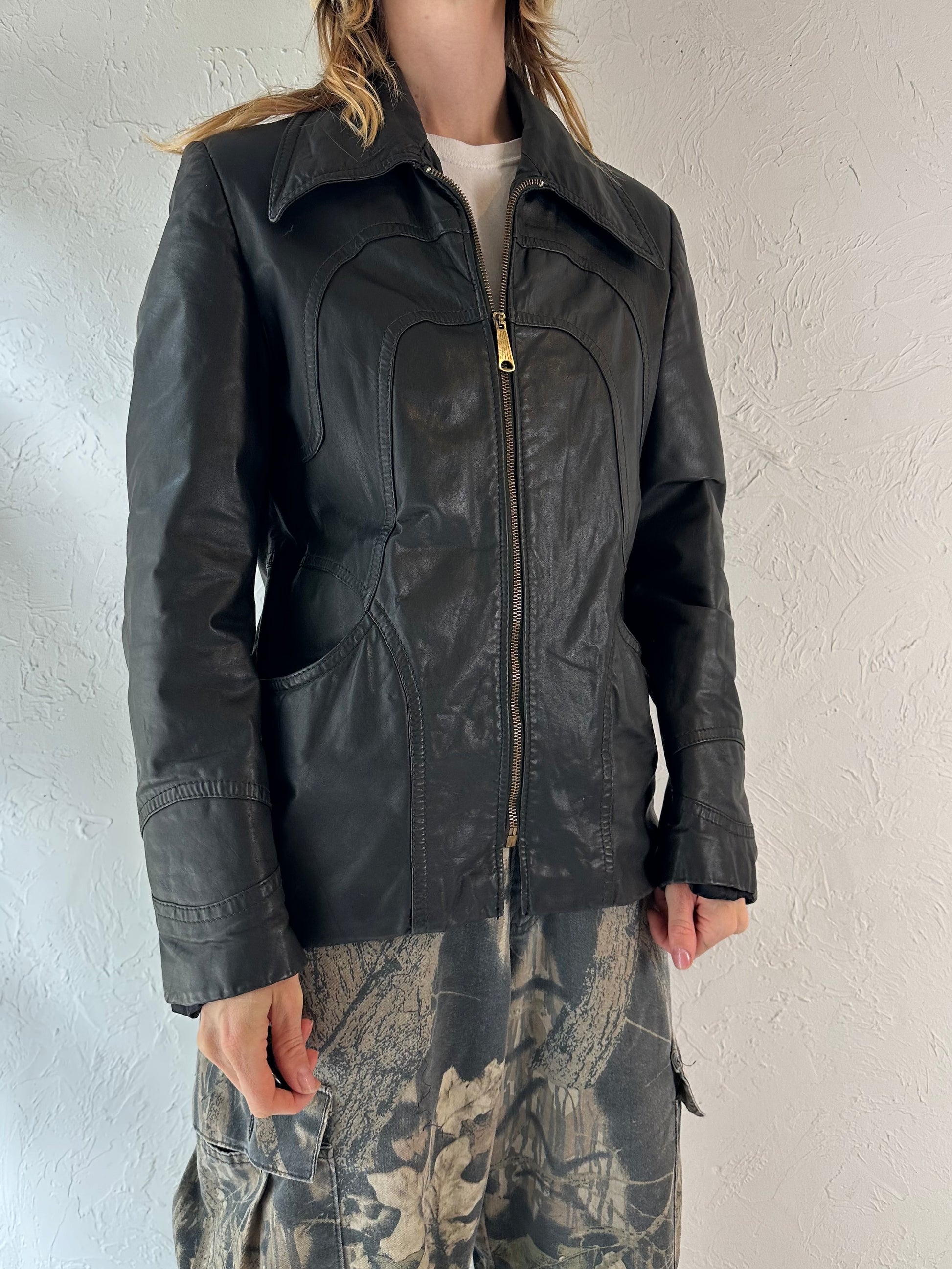 90s 'Vany' Black Leather Jacket / Medium