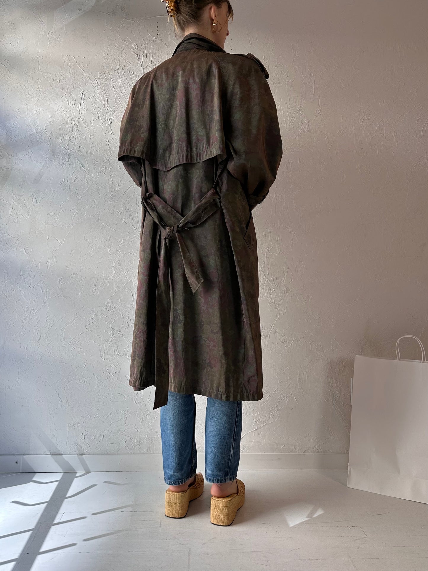 Vintage 'London Fog' Green Floral Light Weight Trench Coat / Medium - Large