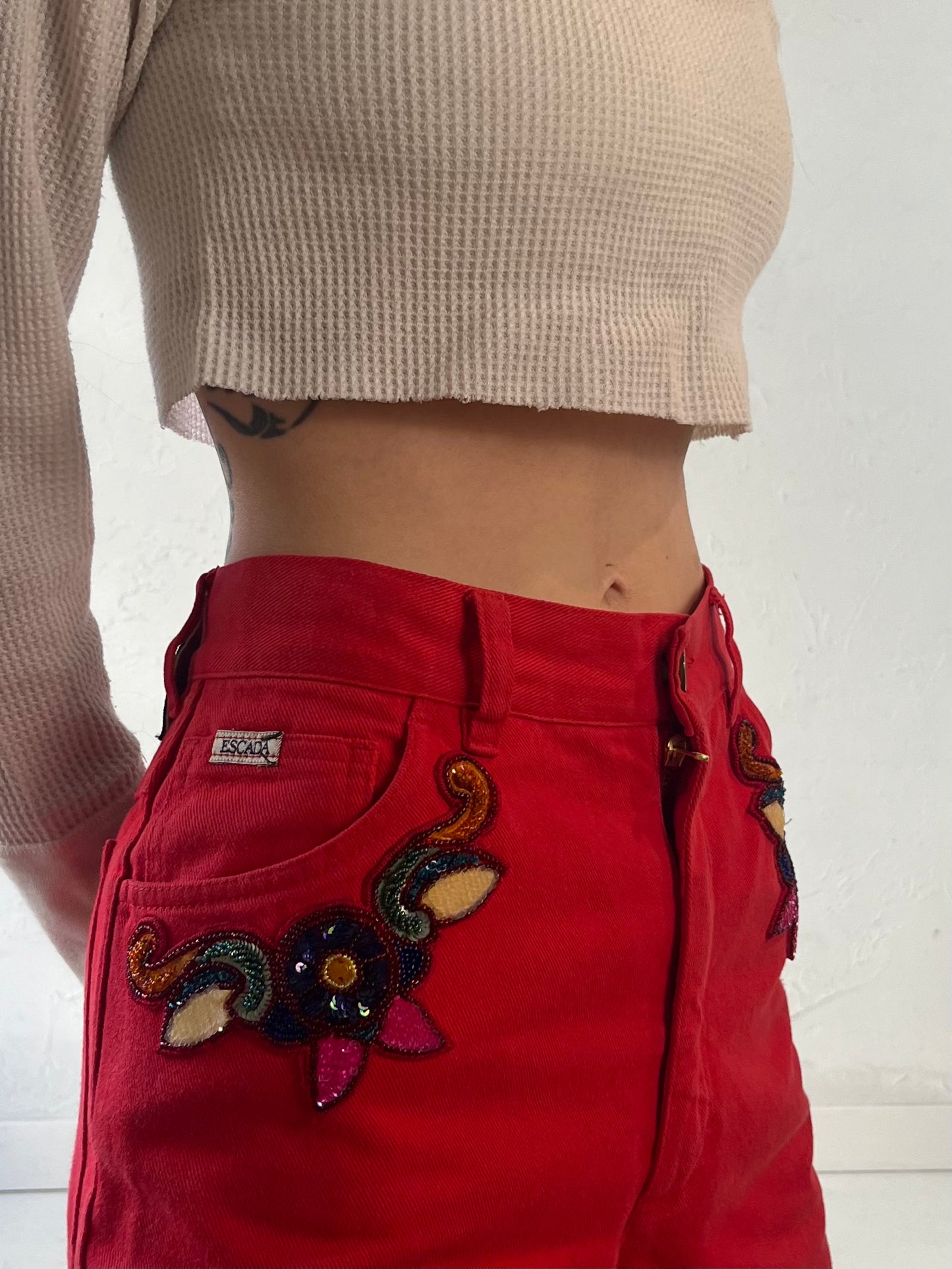 90s 'Escada' Red Beaded Jeans / Small