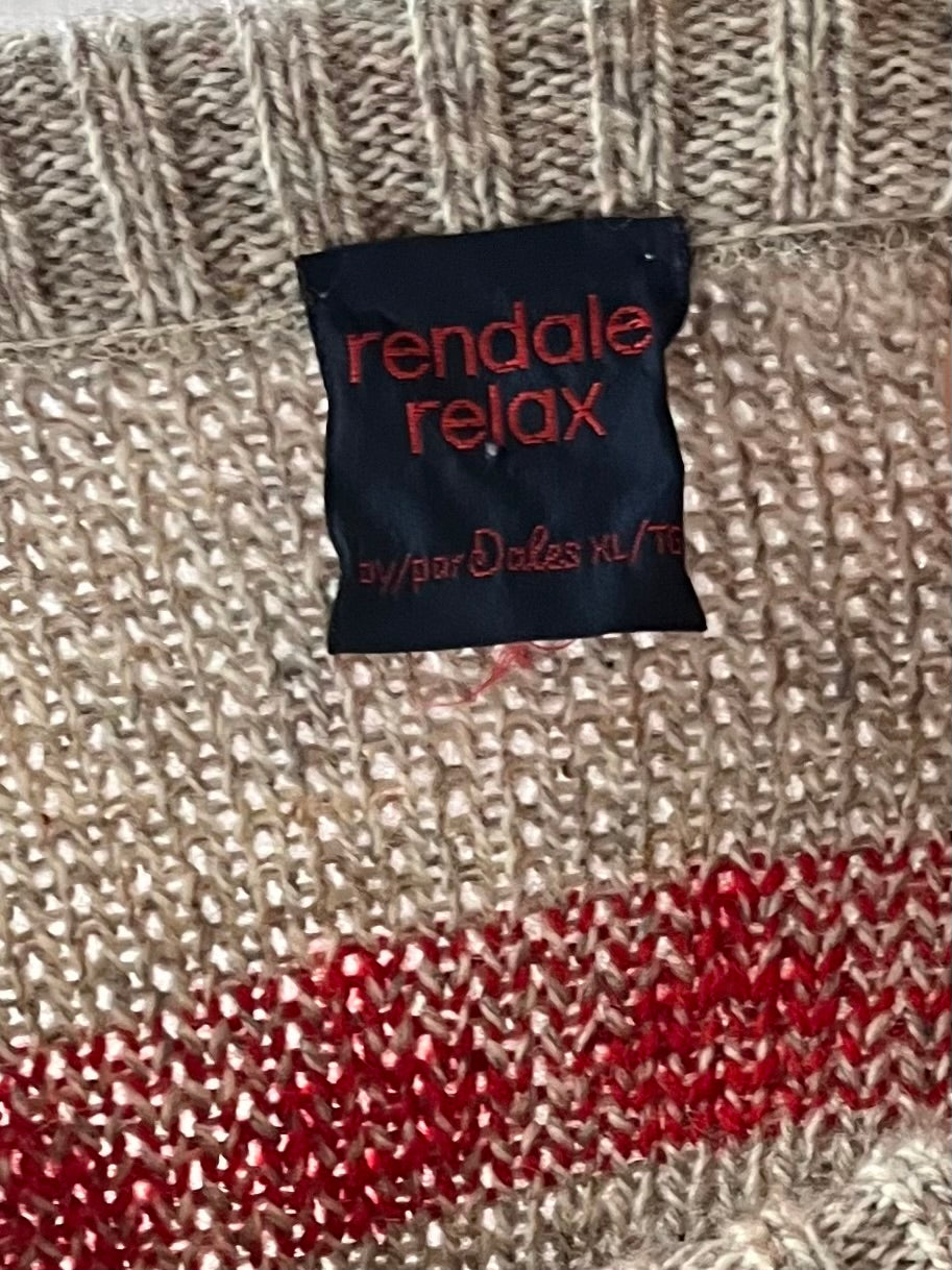 90s 'Rendale Relax' Oversized Nordic Knit Sweater Beige Red Black Geometric Crew Neck Pullover / Large