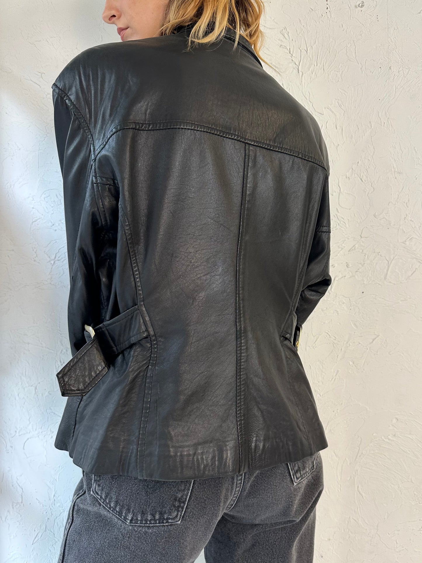 90s 'Danier' Black Leather Moto Style Jacket / Medium
