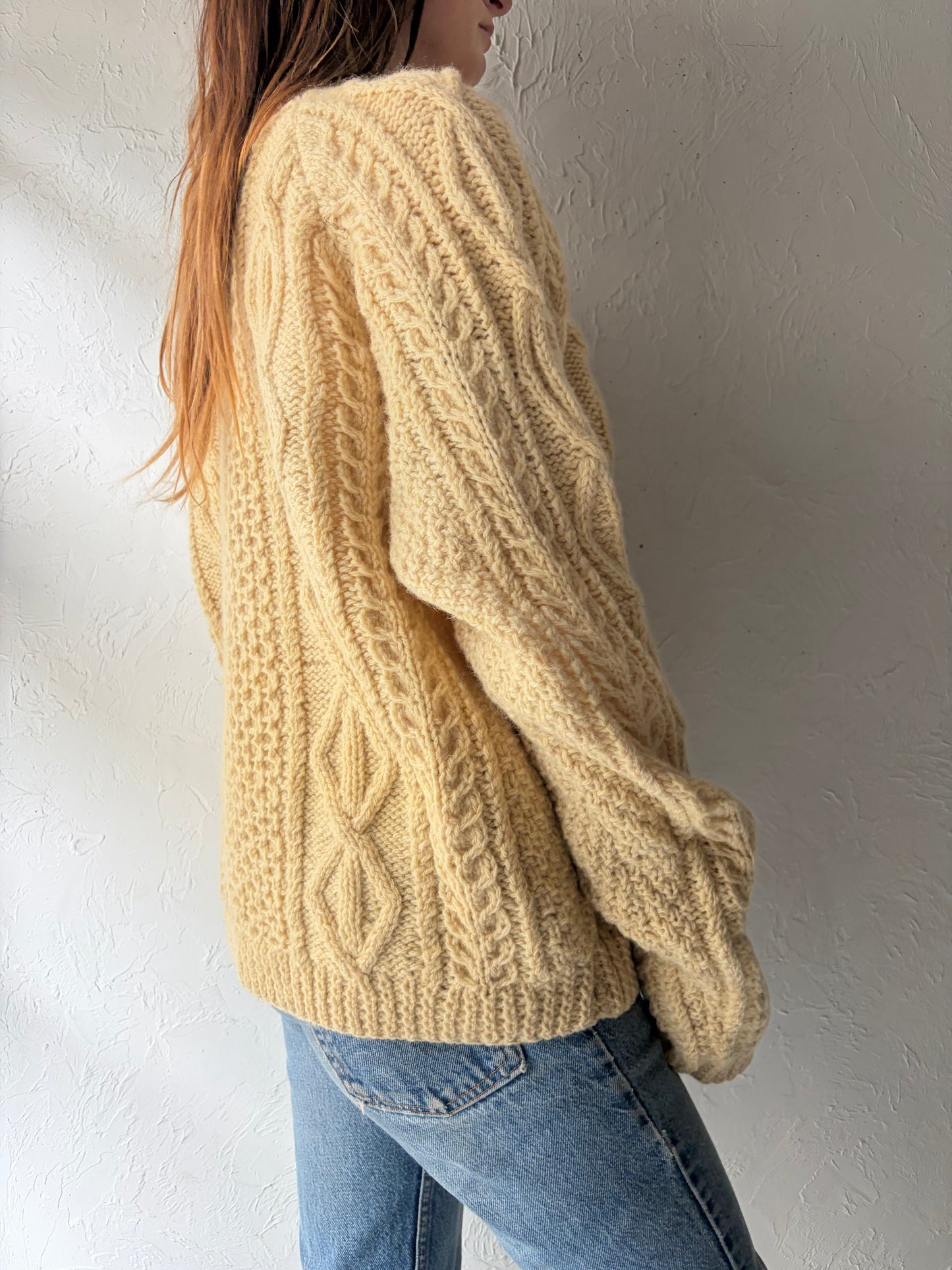 Vintage Butter Yellow Cable Knit Fishermans Sweater / Medium