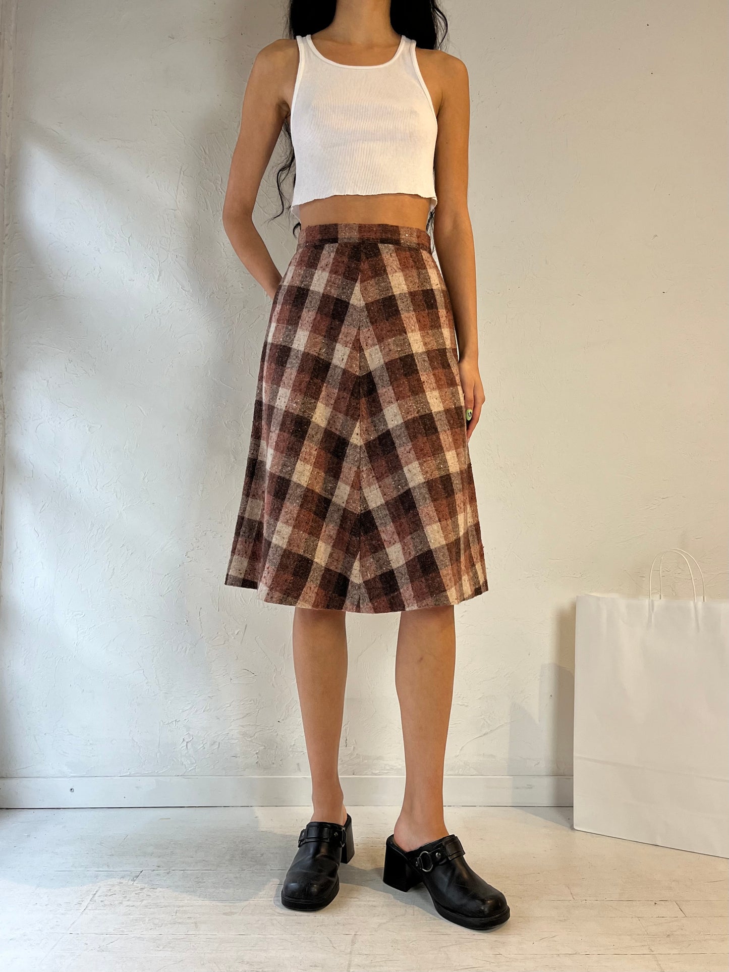 Vintage Handmade Plaid Wool Midi Skirt / XS