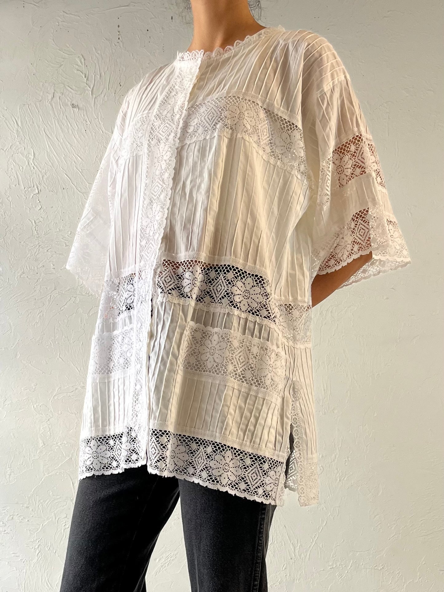70s White Lace Button Up Blouse / Cover Up / Medium