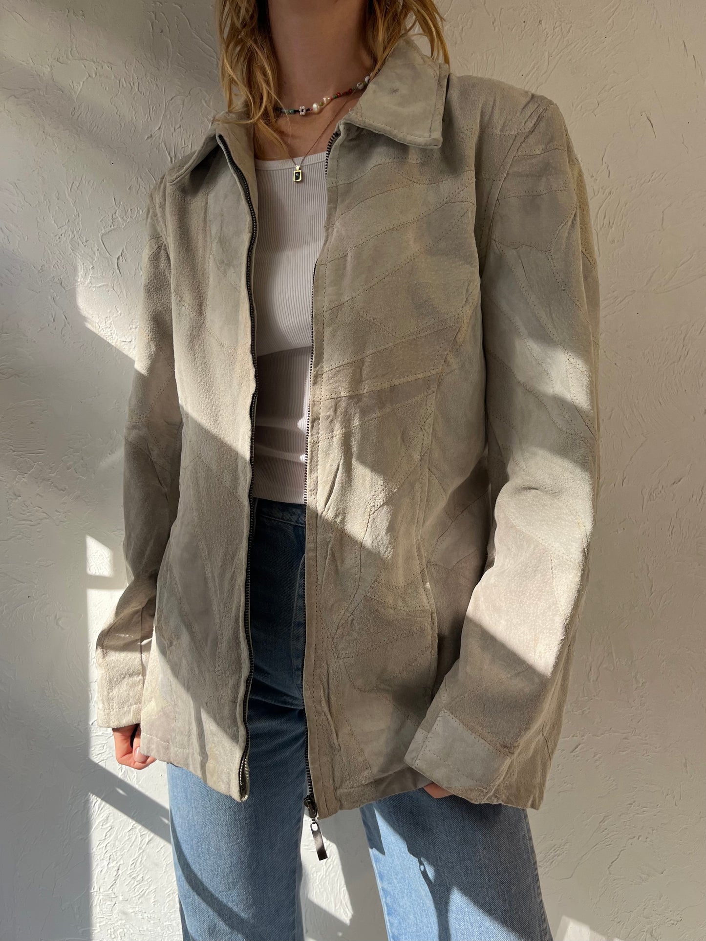 Y2K 'Leather Works' Cream Patchwork Suede Jacket / Large