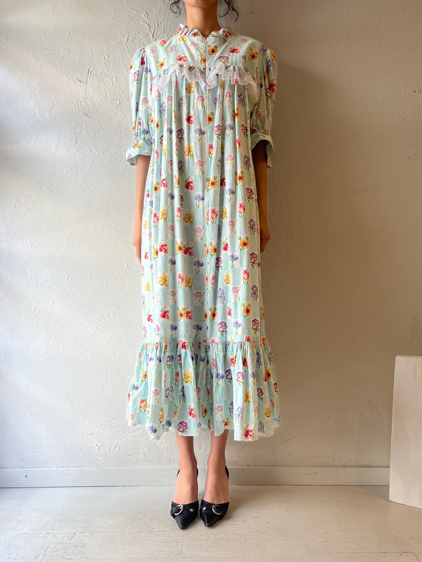 Vintage Light Blue Checker Floral Maxi Dress / Medium
