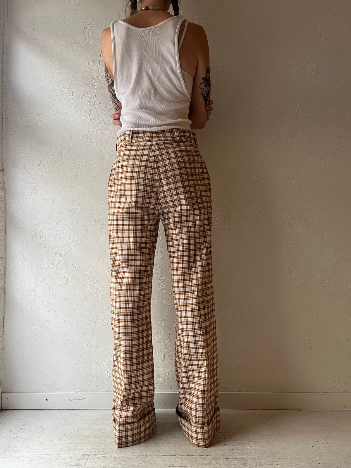 70s Vintage Cream Plaid Knit Wide Leg Pants Retro Preppy Academia Flare Trouser / Medium
