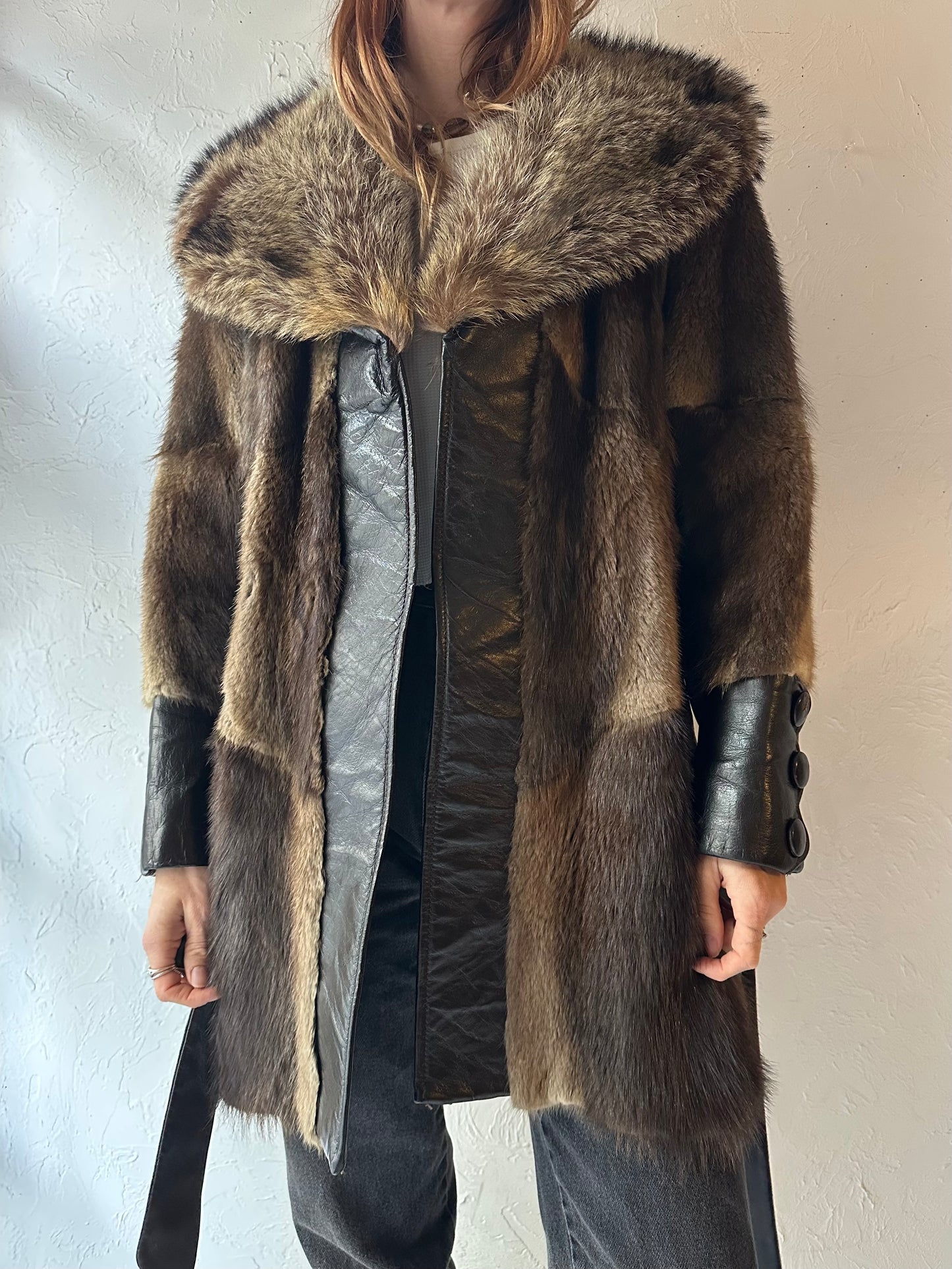 Vintage Fur Coat with Leather Panels / Small