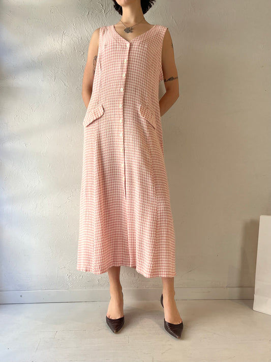 90s 'Clues' Pink Gingham Maxi Dress / XL