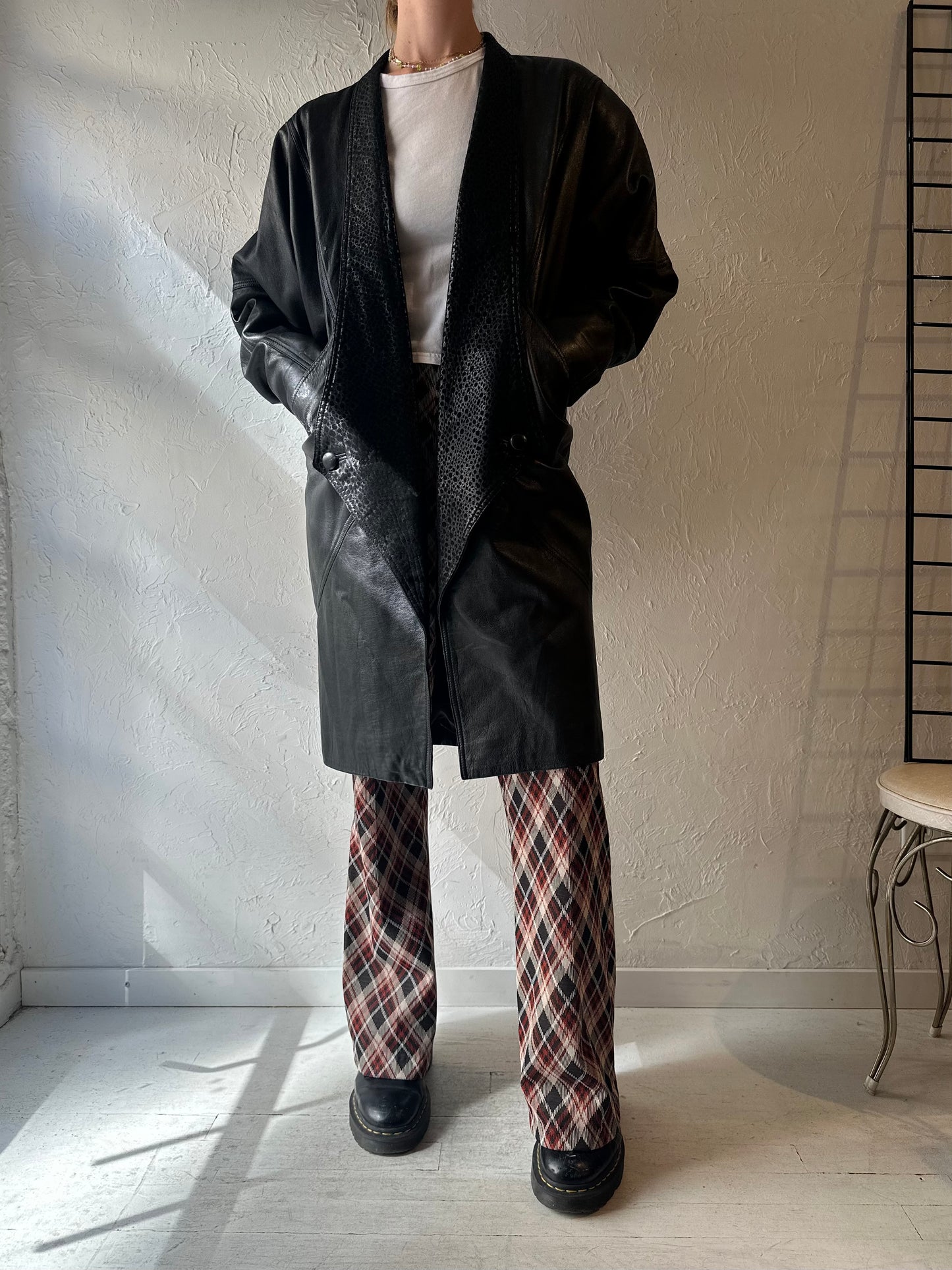 80s Black Leather Coat / Medium
