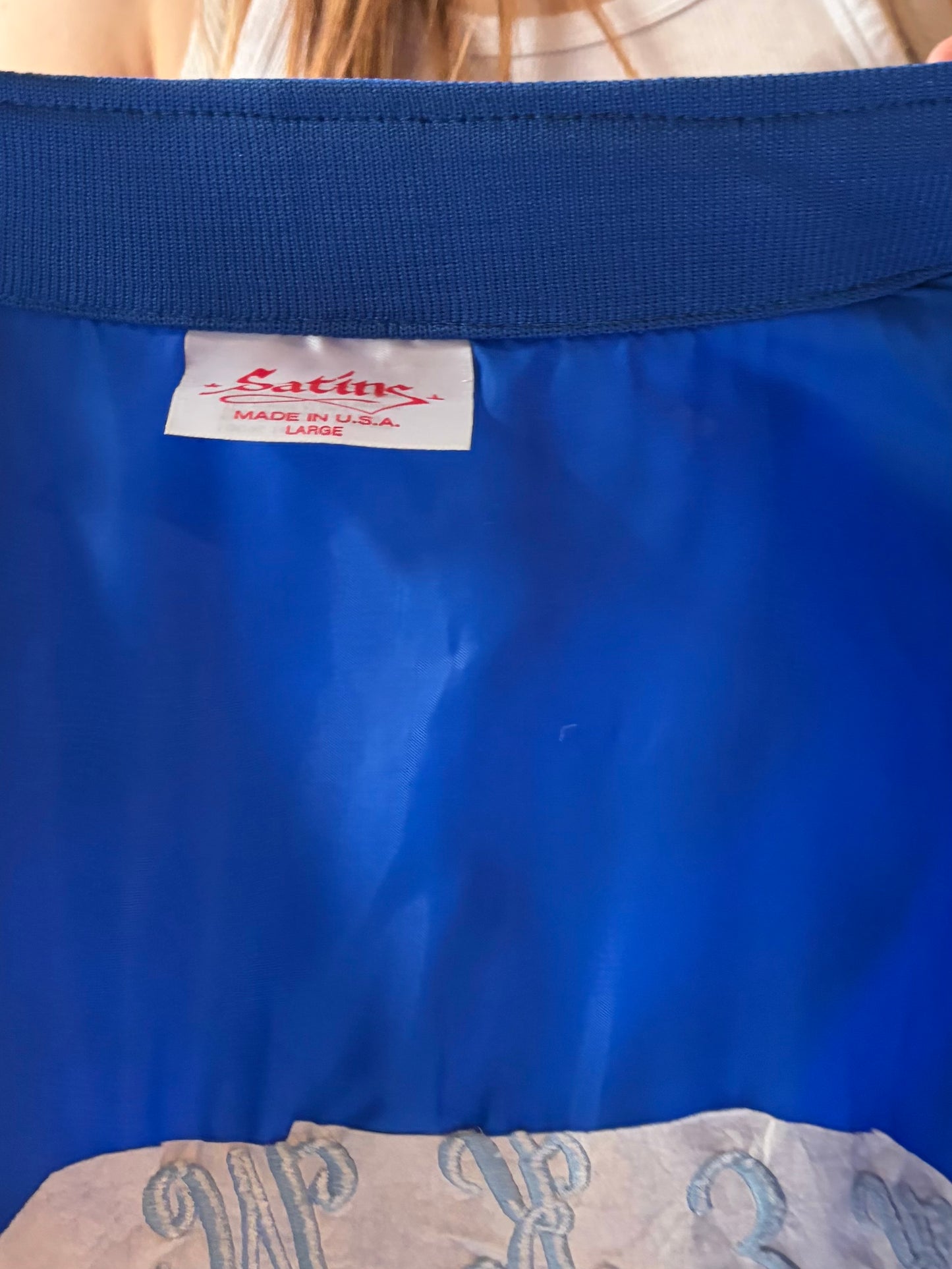 90s 'Satins' Blue Embroidered Nylon Bomber Jacket / Large